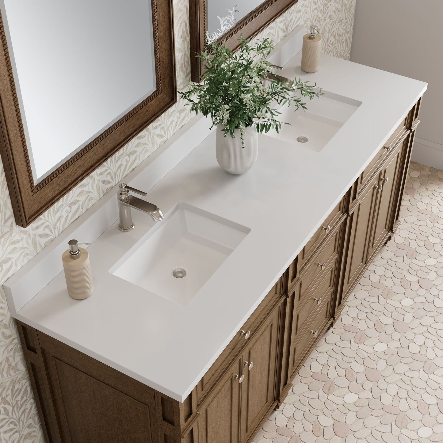 
                  
                    Bristol 72" Double Vanity in Saddle Brown Double bathroom Vanity James Martin Vanities White Zeus Single Faucet Silestone Top w/Backsplash 
                  
                