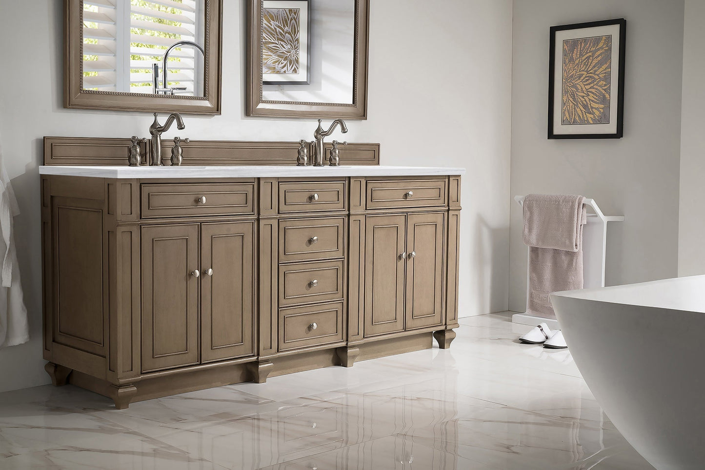 
                  
                    Bristol 72" Double Vanity in Whitewashed Walnut Double bathroom Vanity James Martin Vanities Carrara White Marble 
                  
                