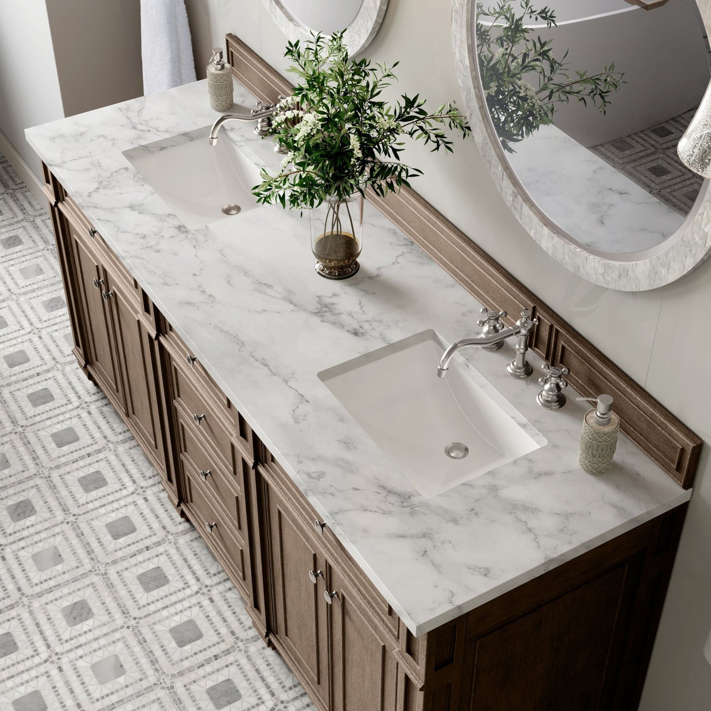 
                  
                    Bristol 72" Double Vanity in Whitewashed Walnut Double bathroom Vanity James Martin Vanities Carrara White Marble 
                  
                