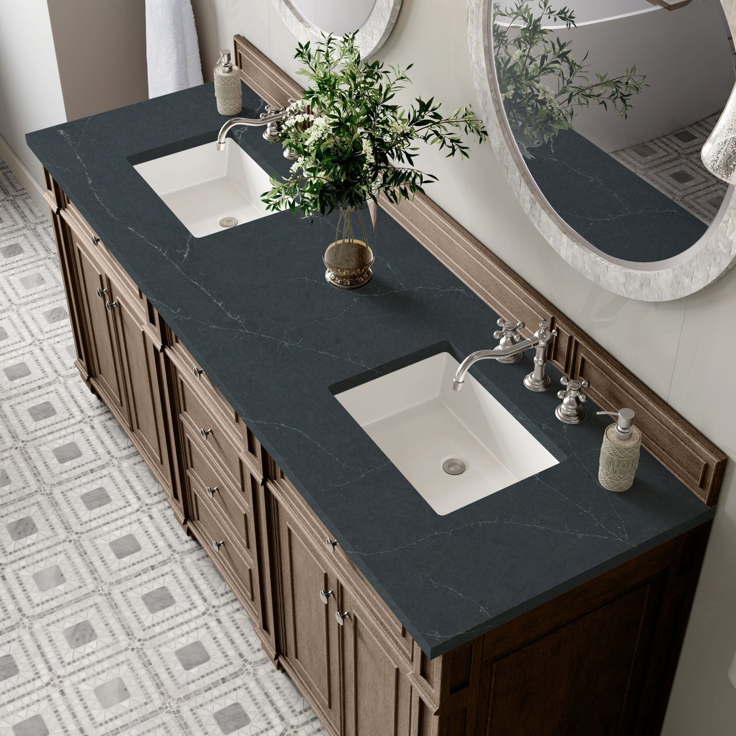 
                  
                    Bristol 72" Double Vanity in Whitewashed Walnut Double bathroom Vanity James Martin Vanities Charcoal Soapstone Silestone 
                  
                