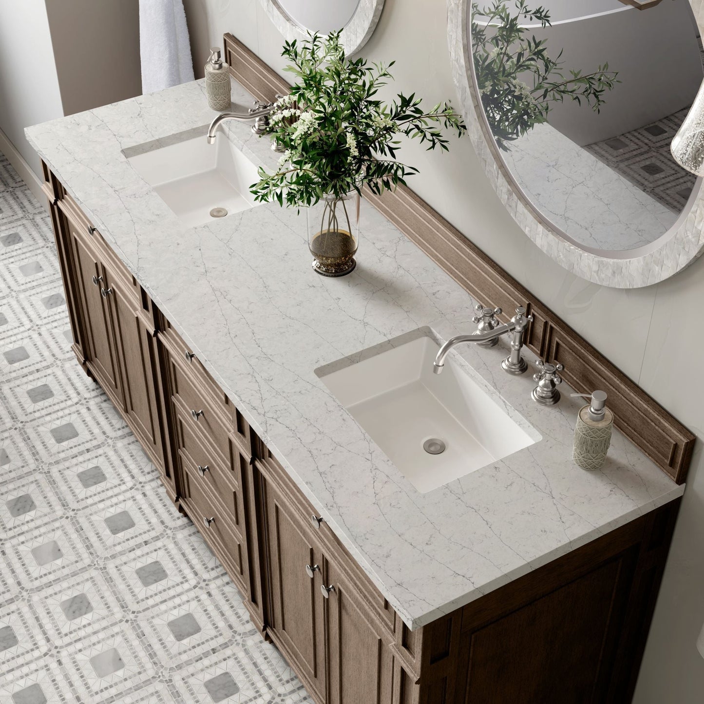 
                  
                    Bristol 72" Double Vanity in Whitewashed Walnut Double bathroom Vanity James Martin Vanities Eternal Jasmine Pearl Silestone 
                  
                