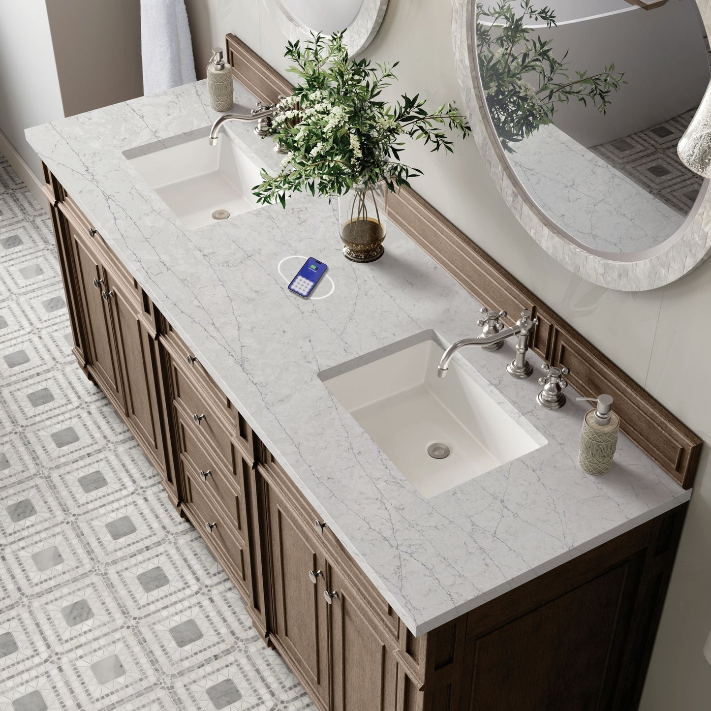 
                  
                    Bristol 72" Double Vanity in Whitewashed Walnut Double bathroom Vanity James Martin Vanities FreePower-Enabled Eternal Jasmine Pearl Silestone 
                  
                