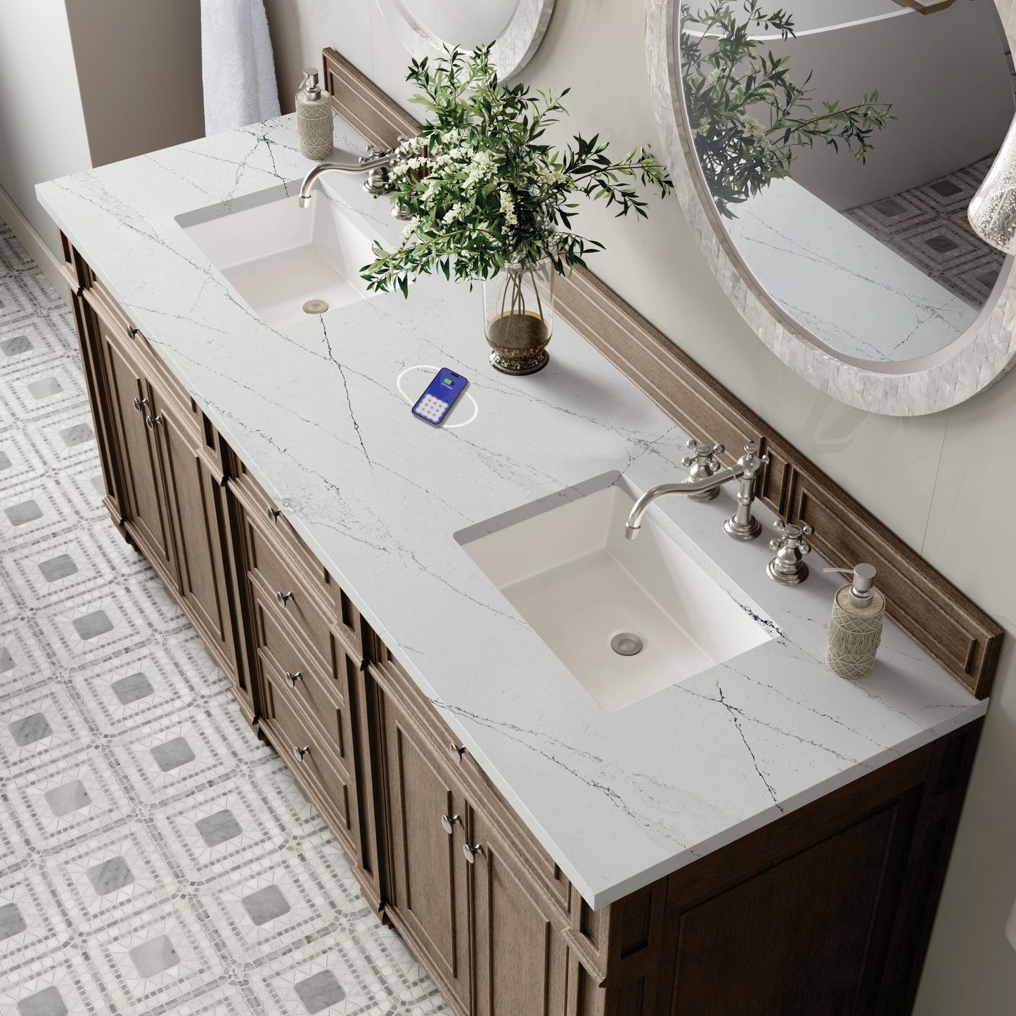 
                  
                    Bristol 72" Double Vanity in Whitewashed Walnut Double bathroom Vanity James Martin Vanities FreePower-Enabled Ethereal Noctis Silestone 
                  
                