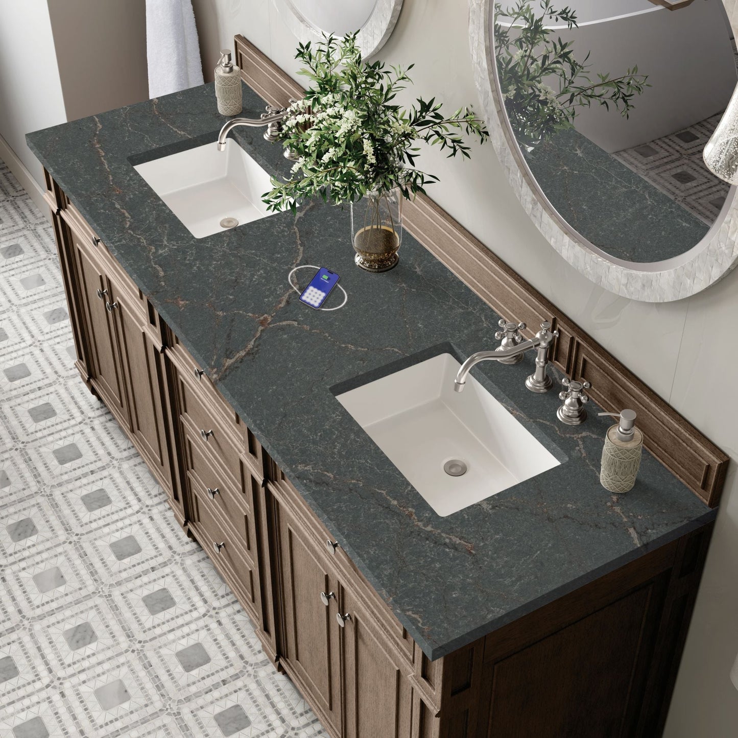 
                  
                    Bristol 72" Double Vanity in Whitewashed Walnut Double bathroom Vanity James Martin Vanities FreePower-Enabled Parisien Bleu Silestone 
                  
                