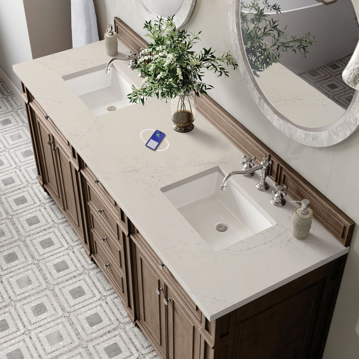 
                  
                    Bristol 72" Double Vanity in Whitewashed Walnut Double bathroom Vanity James Martin Vanities FreePower-Enabled Siberian Silestone 
                  
                