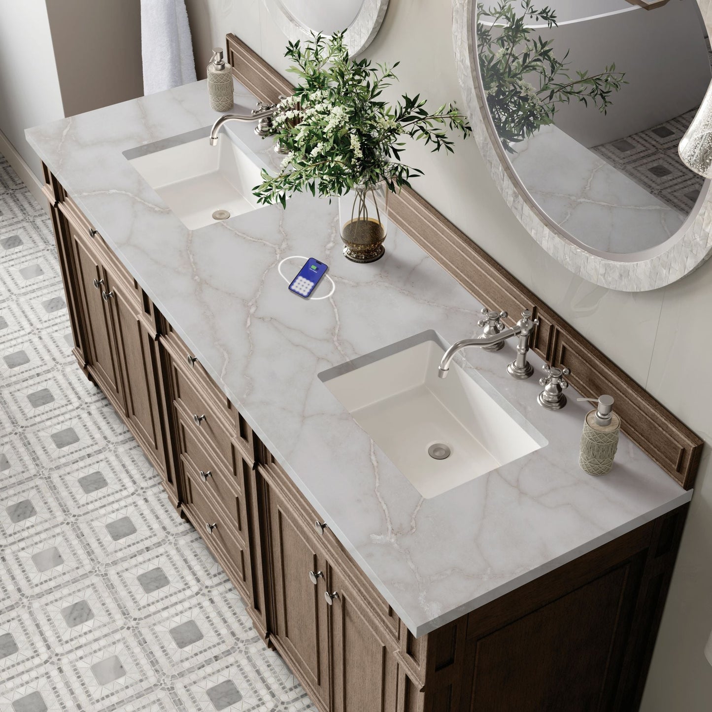 
                  
                    Bristol 72" Double Vanity in Whitewashed Walnut Double bathroom Vanity James Martin Vanities FreePower-Enabled Victorian Silver Silestone 
                  
                