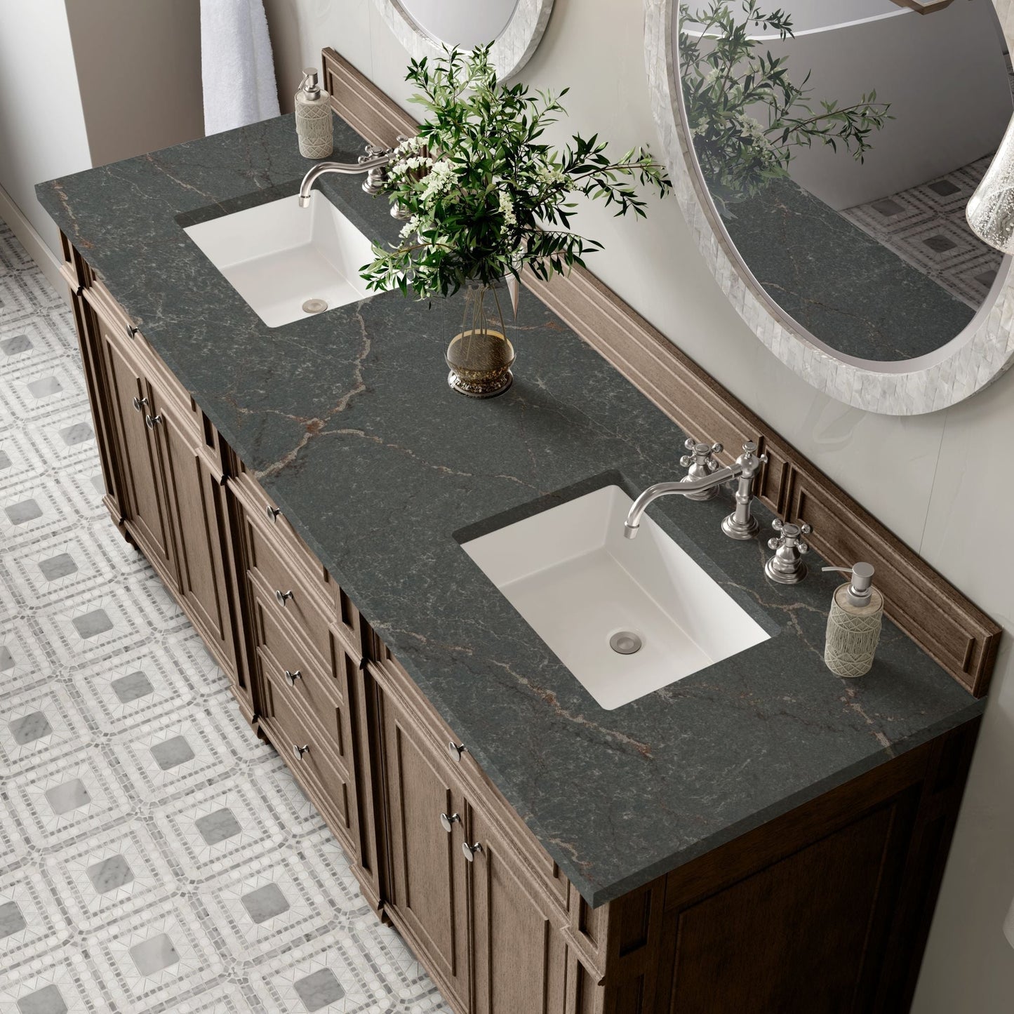 
                  
                    Bristol 72" Double Vanity in Whitewashed Walnut Double bathroom Vanity James Martin Vanities Parisien Bleu Silestone 
                  
                