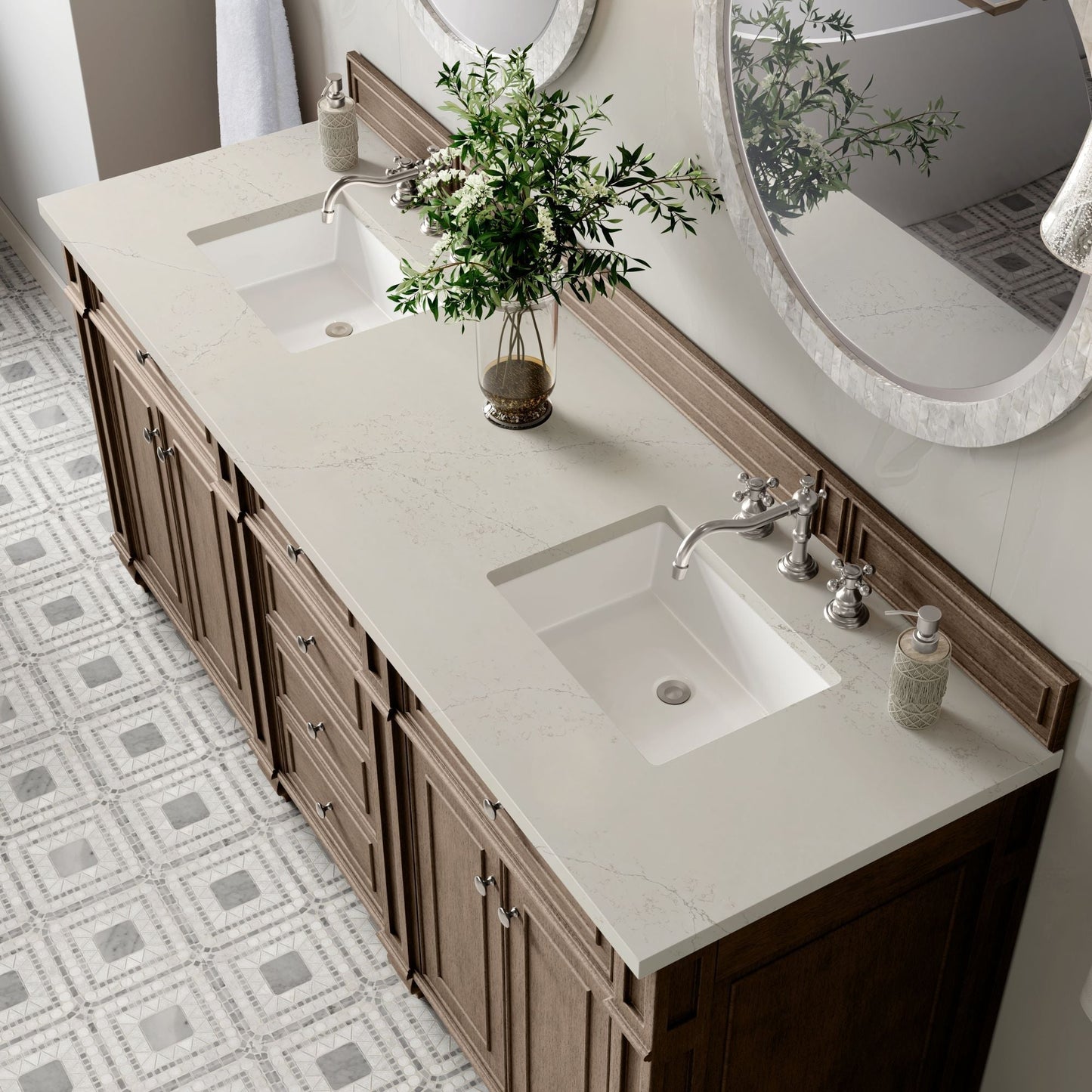 
                  
                    Bristol 72" Double Vanity in Whitewashed Walnut Double bathroom Vanity James Martin Vanities Siberian Silestone 
                  
                