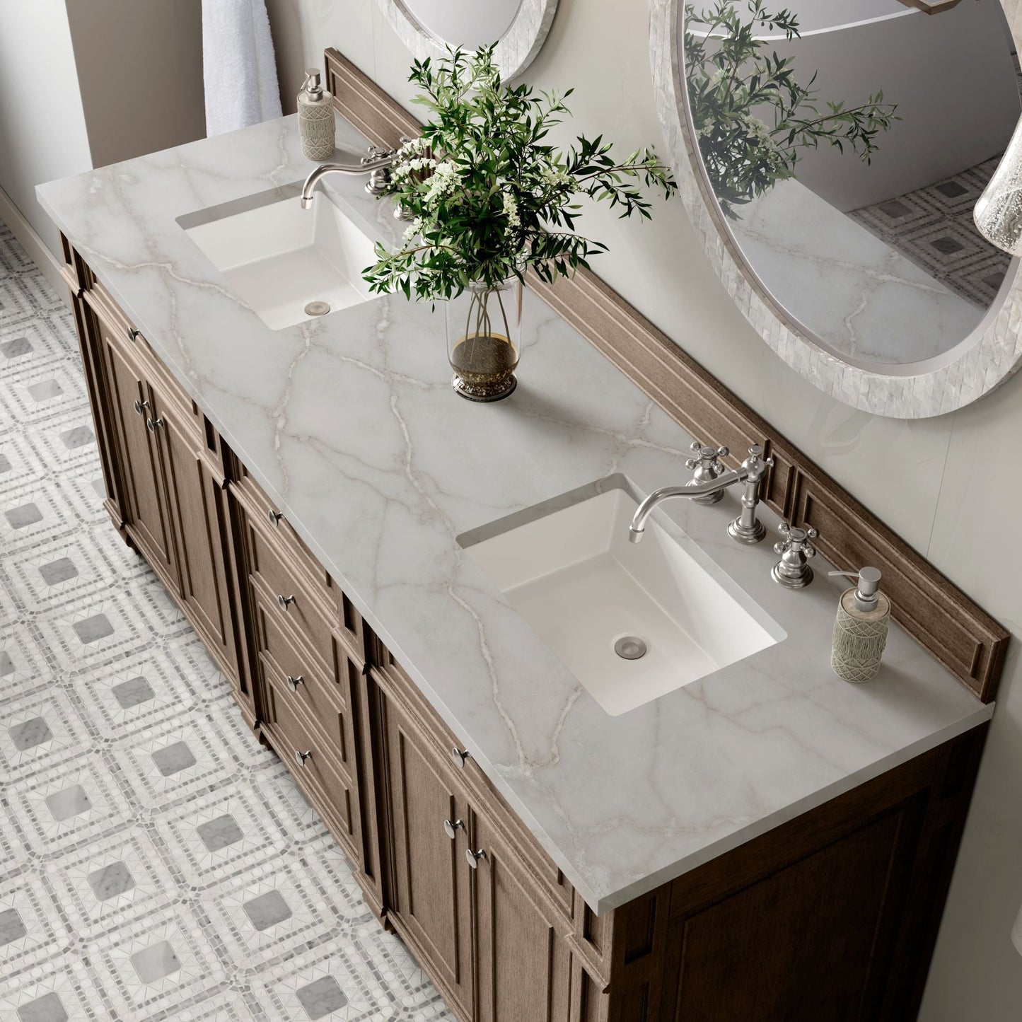 
                  
                    Bristol 72" Double Vanity in Whitewashed Walnut Double bathroom Vanity James Martin Vanities Victorian Silver Silestone 
                  
                