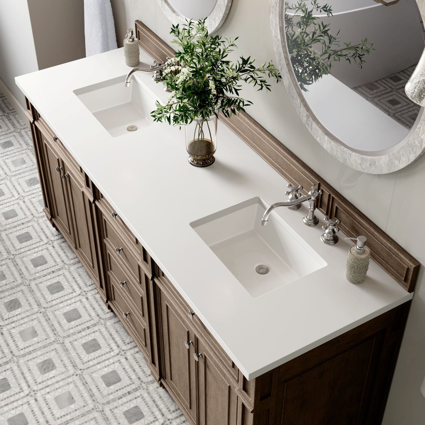 
                  
                    Bristol 72" Double Vanity in Whitewashed Walnut Double bathroom Vanity James Martin Vanities White Zeus Silestone 
                  
                