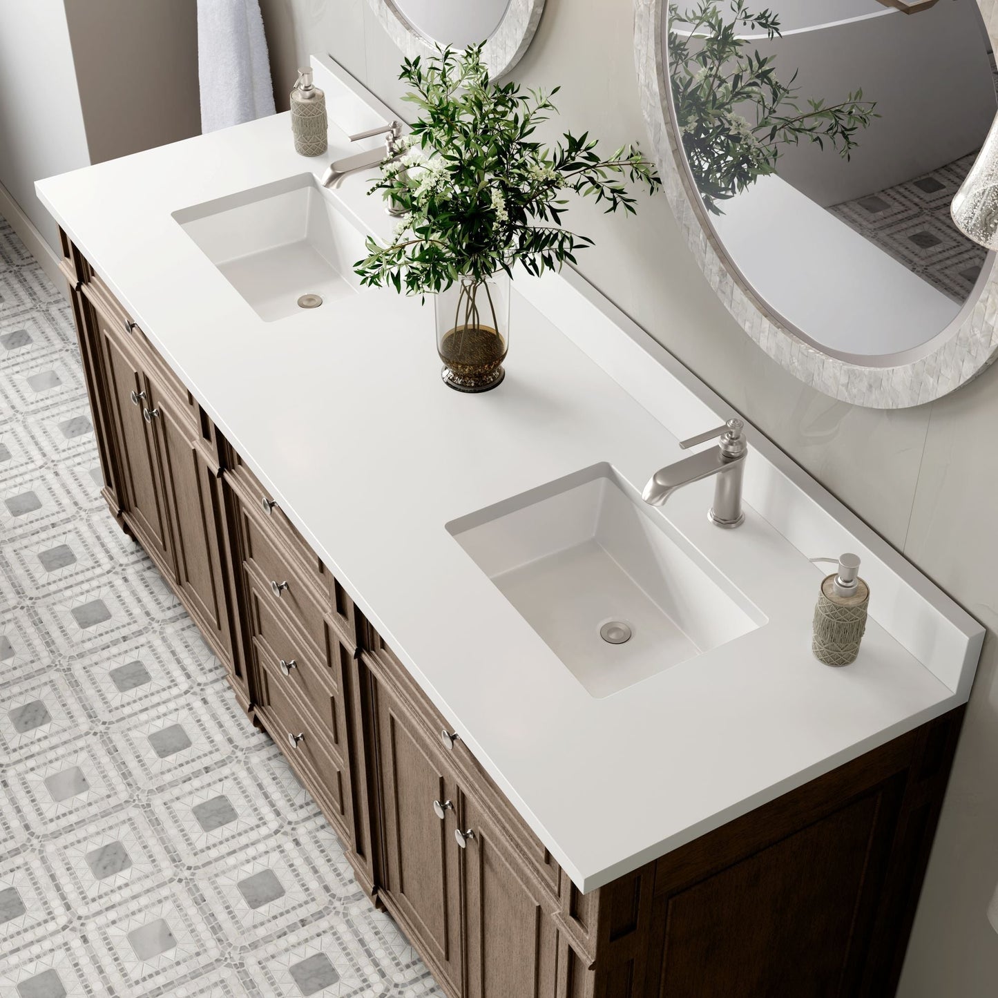 
                  
                    Bristol 72" Double Vanity in Whitewashed Walnut Double bathroom Vanity James Martin Vanities White Zeus Single Faucet Silestone Top w/Backsplash 
                  
                