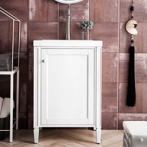 Britannia 24" Single Vanity Cabinet, Glossy White w/ White Glossy Resin Countertop Single Bathroom Vanity James Martin Vanities 