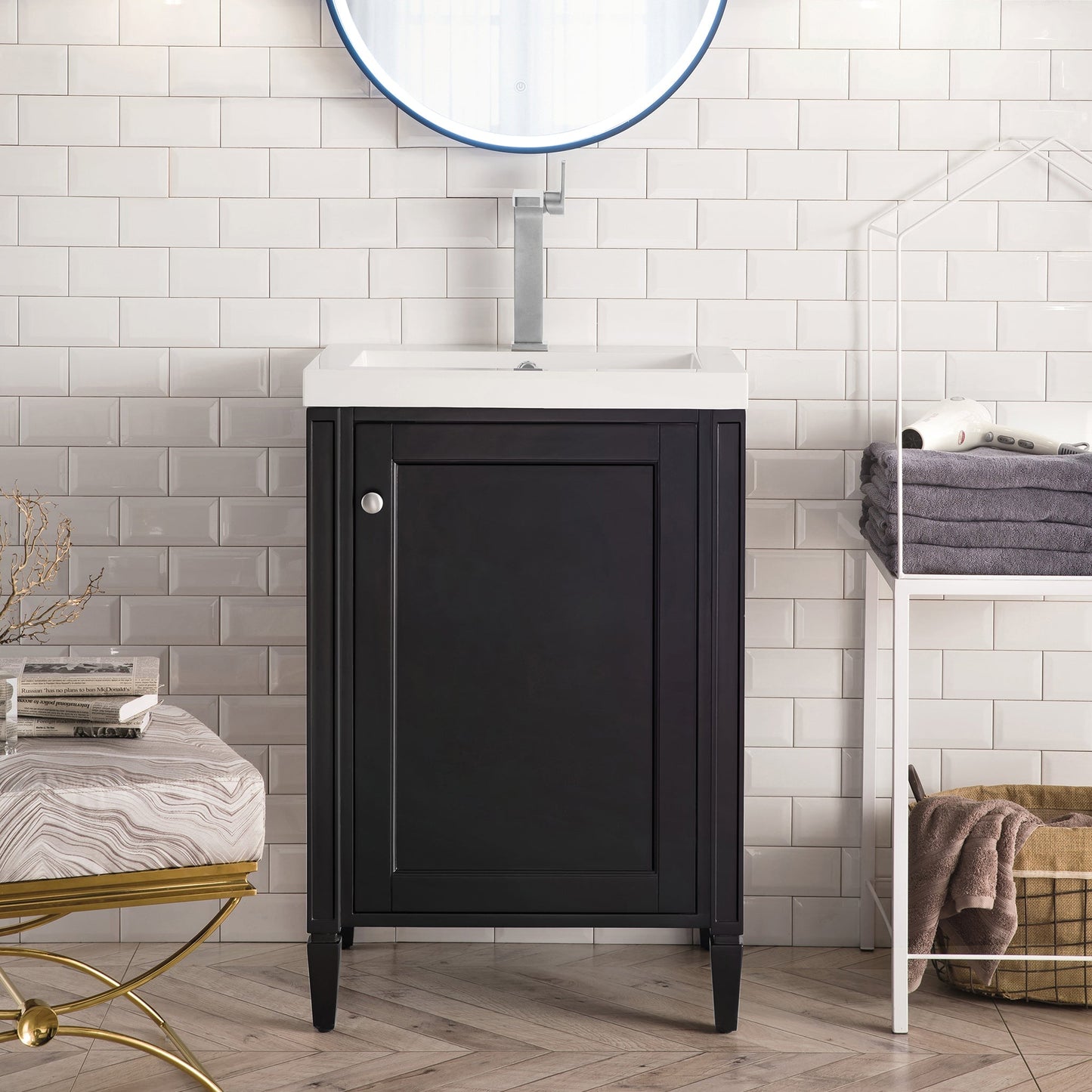 Britannia 24" Single Vanity Cabinet in Black Onyx with White Glossy Top Single Bathroom Vanity James Martin Vanities 
