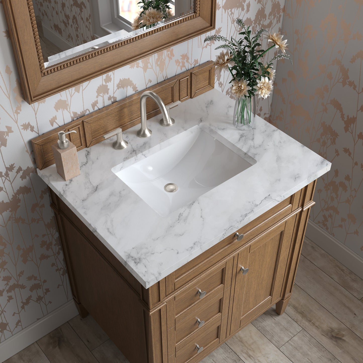 
                  
                    Brittany 30" Single Vanity Cabinet in Saddle Brown Single Bathroom Vanity James Martin Vanities Carrara White Marble 
                  
                