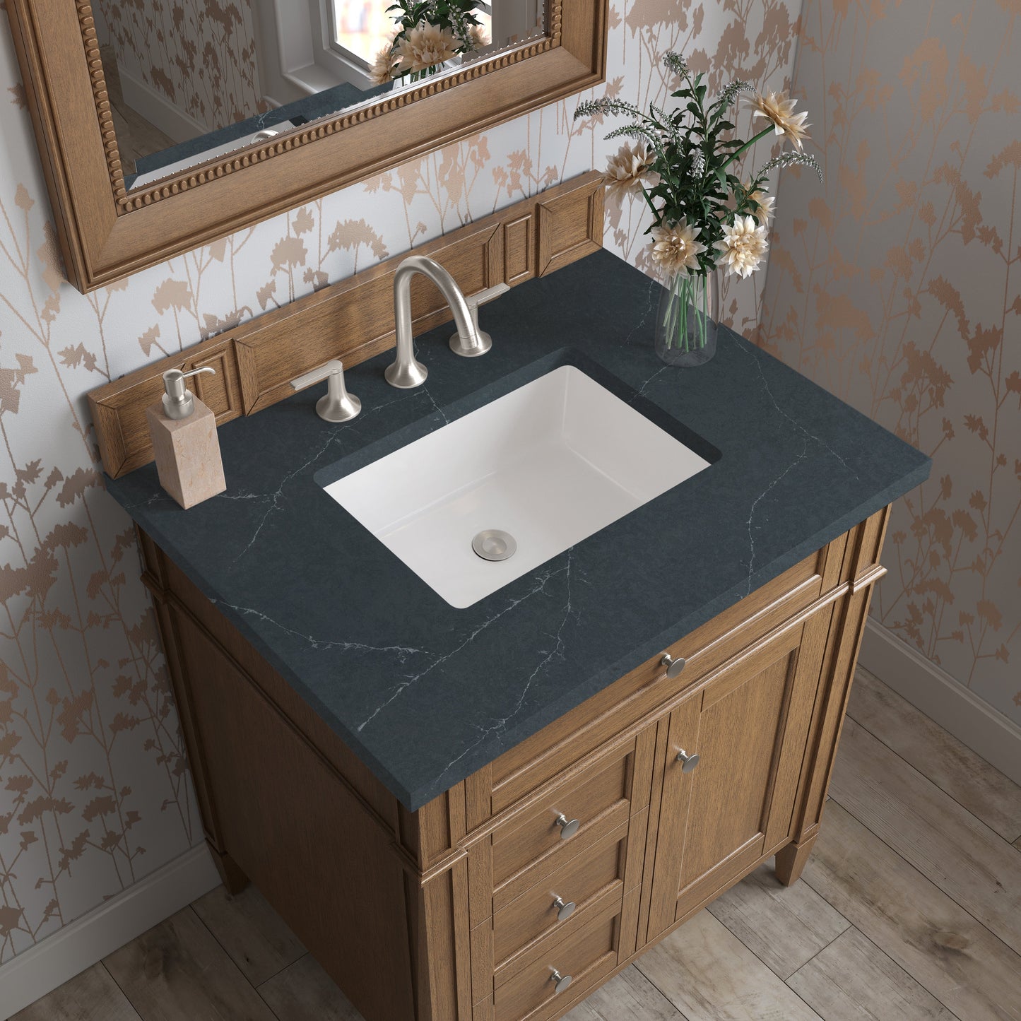 
                  
                    Brittany 30" Single Vanity Cabinet in Saddle Brown Single Bathroom Vanity James Martin Vanities Charcoal Soapstone Silestone 
                  
                
