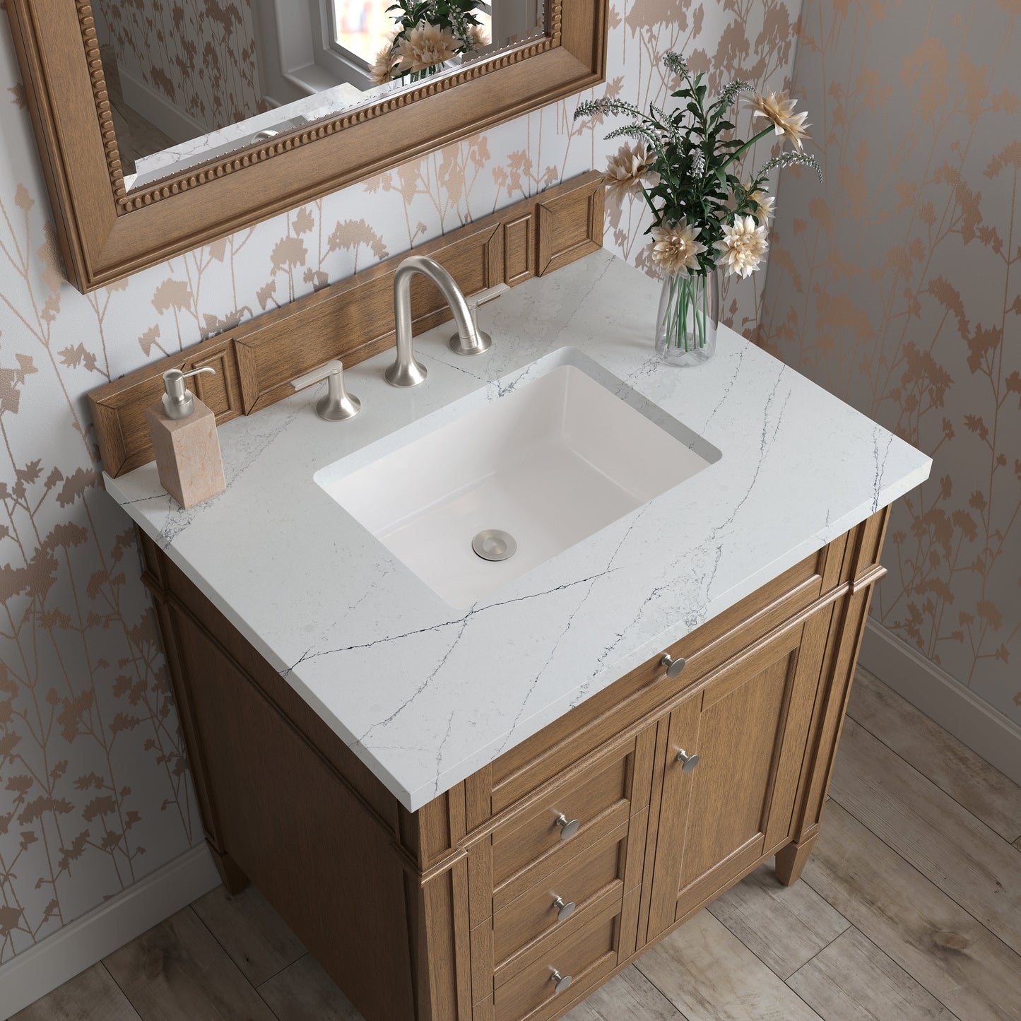 
                  
                    Brittany 30" Single Vanity Cabinet in Saddle Brown Single Bathroom Vanity James Martin Vanities Ethereal Noctis Silestone 
                  
                