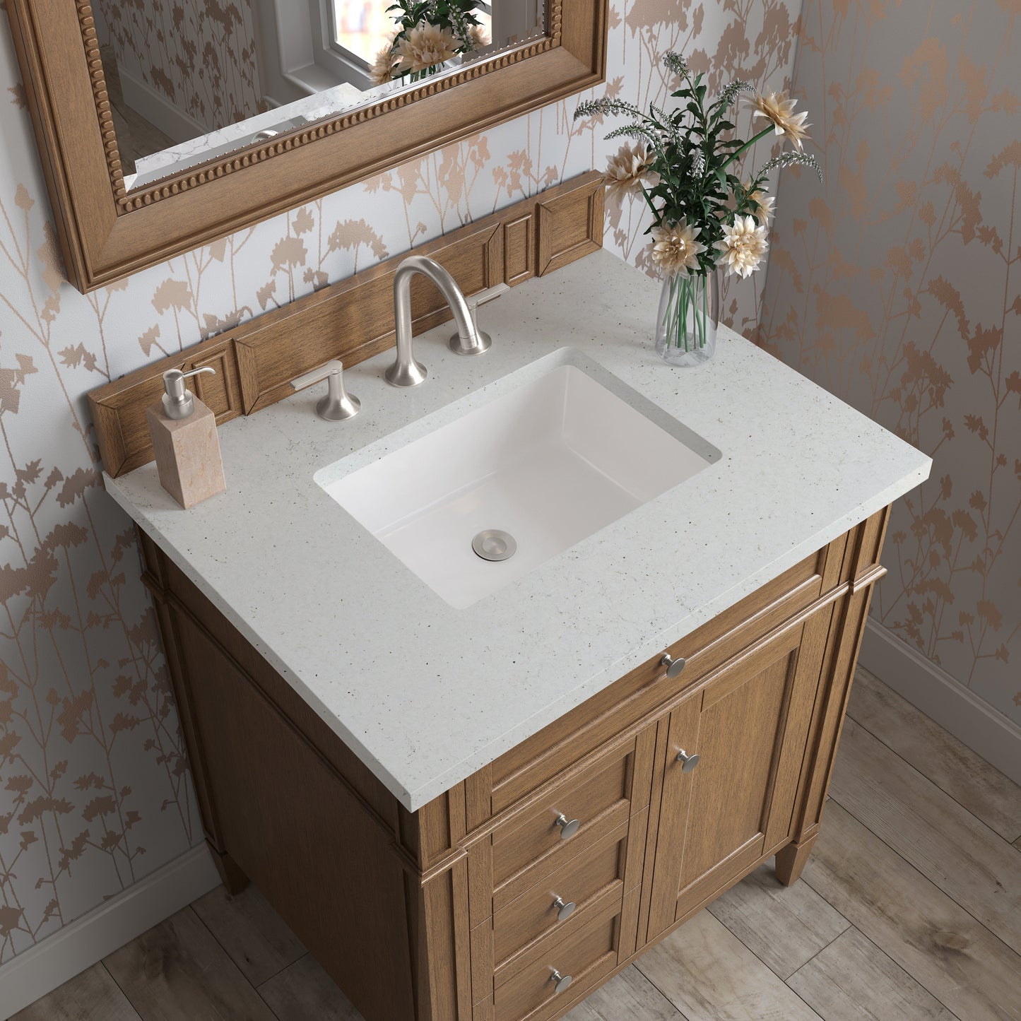 
                  
                    Brittany 30" Single Vanity Cabinet in Saddle Brown Single Bathroom Vanity James Martin Vanities Lime Delight Silestone 
                  
                