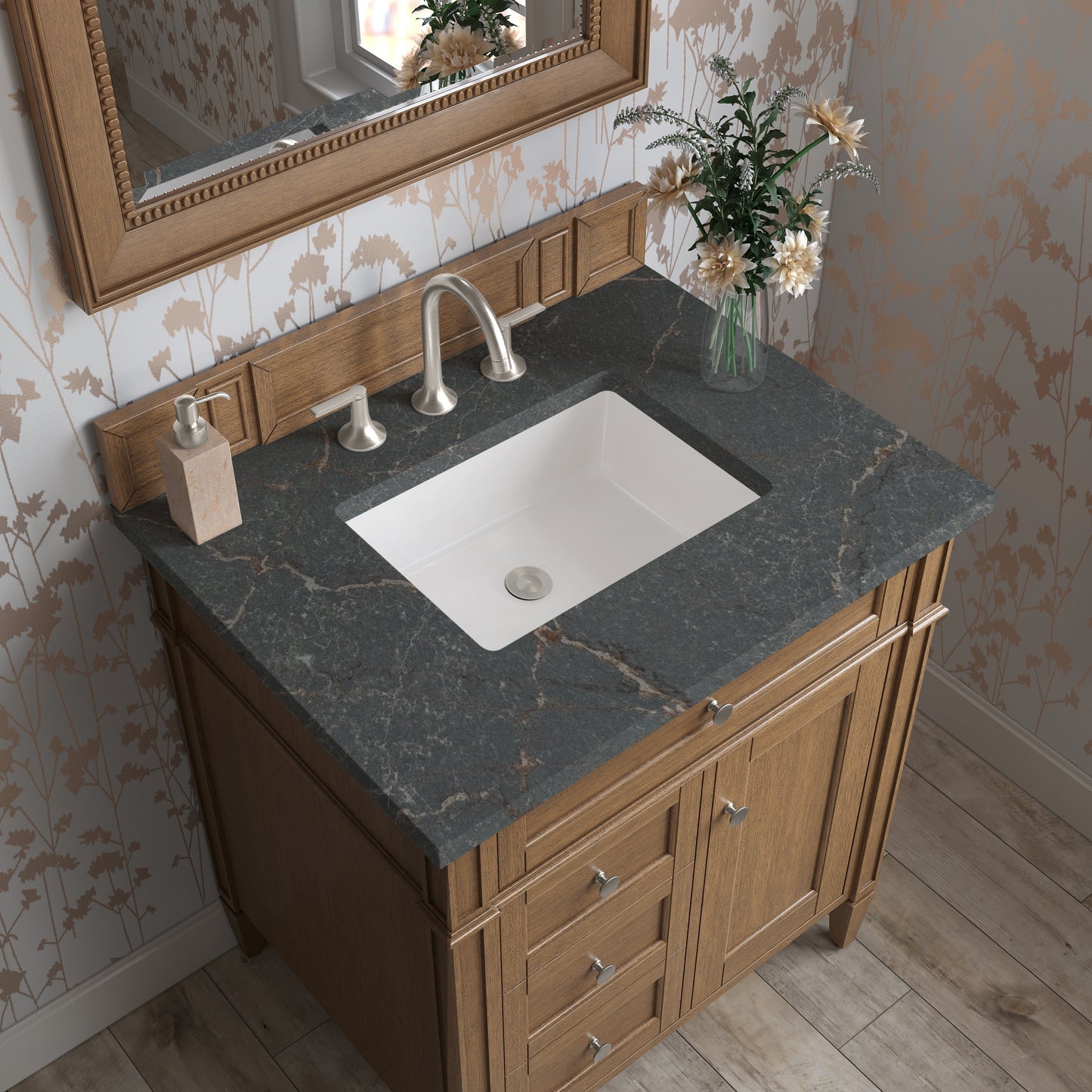 
                  
                    Brittany 30" Single Vanity Cabinet in Saddle Brown Single Bathroom Vanity James Martin Vanities Parisien Bleu Silestone 
                  
                