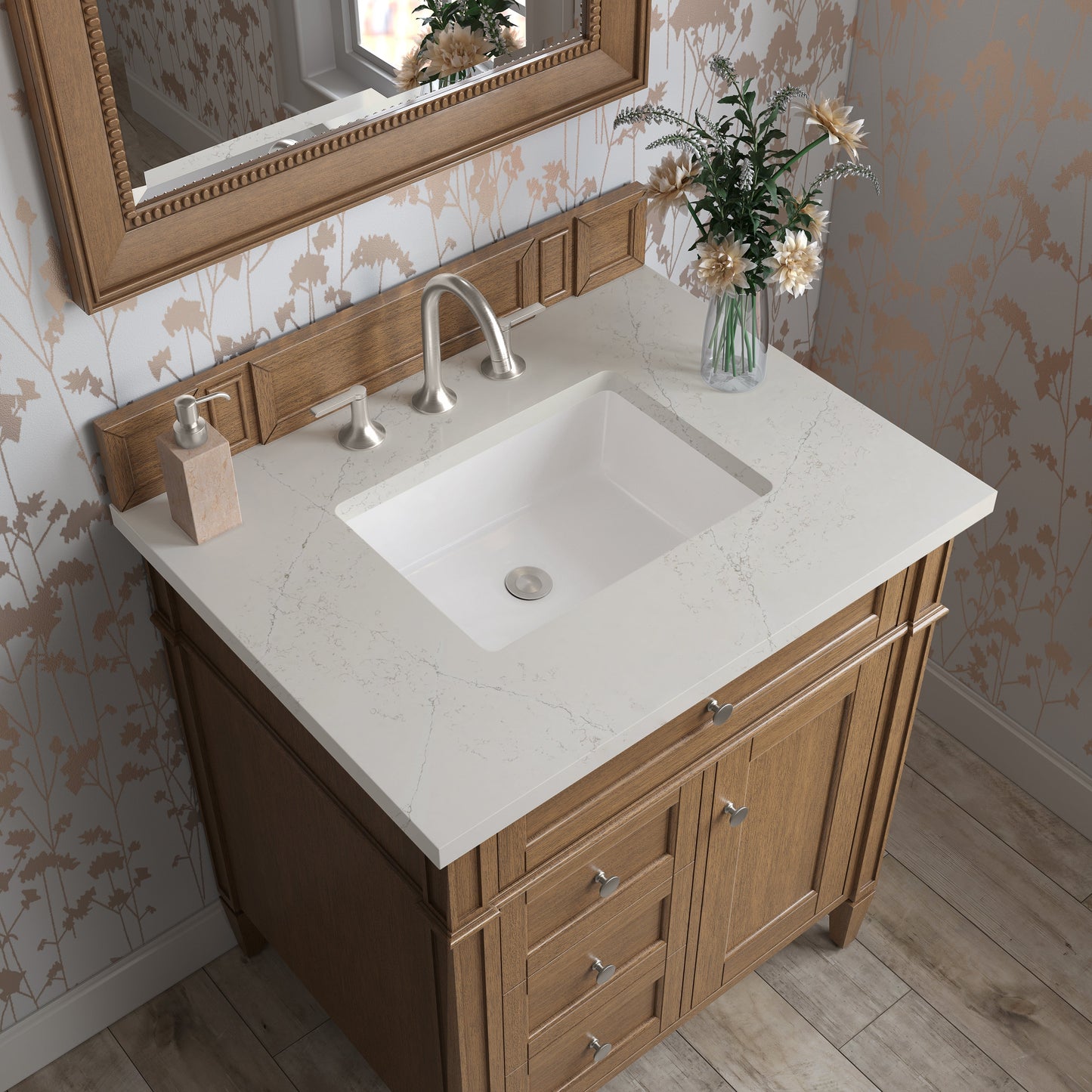 
                  
                    Brittany 30" Single Vanity Cabinet in Saddle Brown Single Bathroom Vanity James Martin Vanities Siberian Silestone 
                  
                