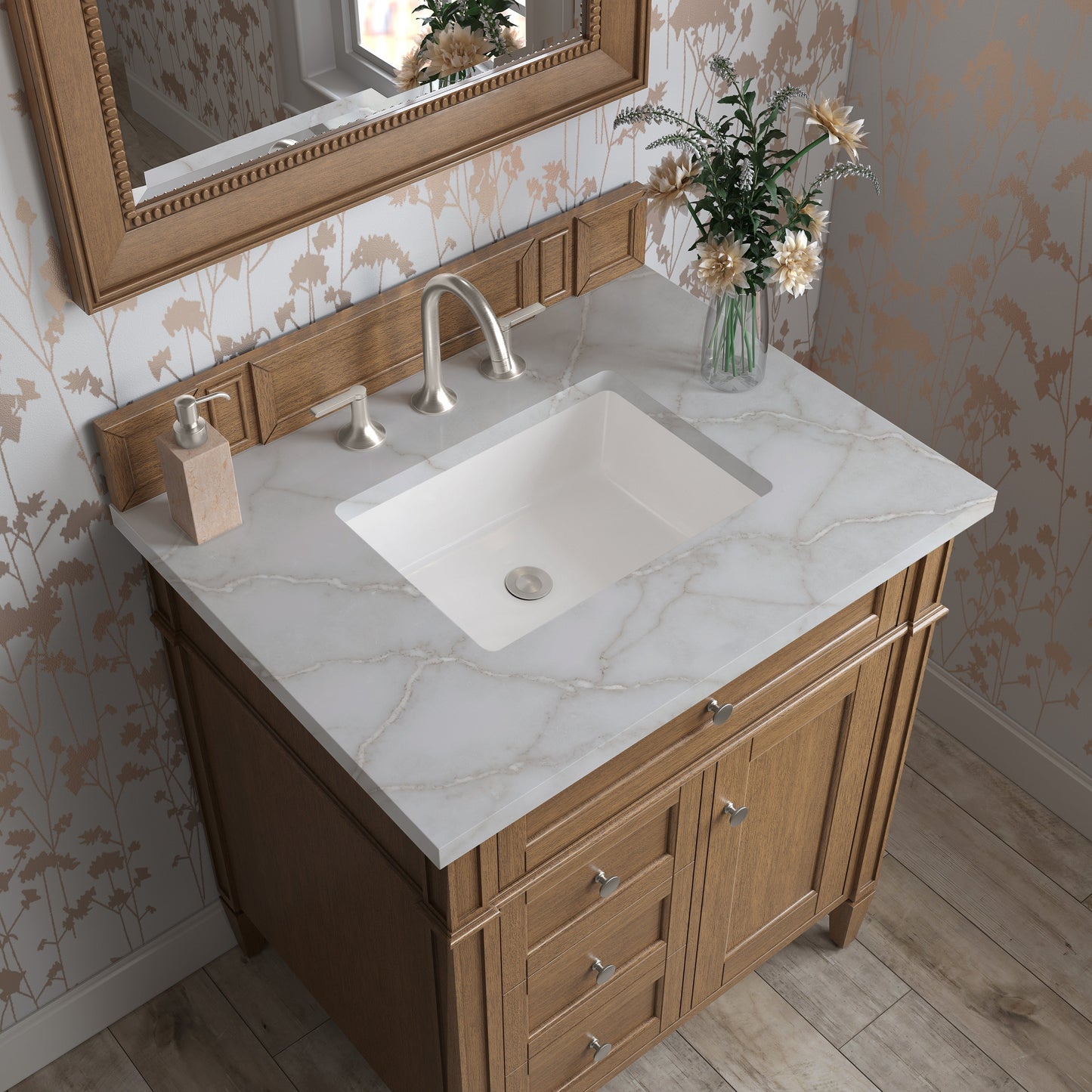 
                  
                    Brittany 30" Single Vanity Cabinet in Saddle Brown Single Bathroom Vanity James Martin Vanities Victorian Silver Silestone 
                  
                