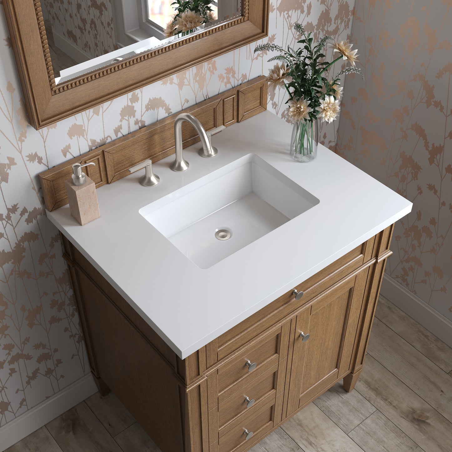 
                  
                    Brittany 30" Single Vanity Cabinet in Saddle Brown Single Bathroom Vanity James Martin Vanities White Zeus Silestone 
                  
                