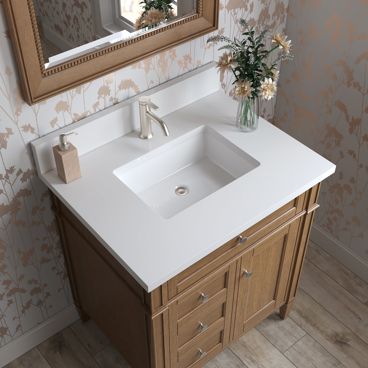 
                  
                    Brittany 30" Single Vanity Cabinet in Saddle Brown Single Bathroom Vanity James Martin Vanities White Zeus Single Faucet Silestone Top w/Backsplash 
                  
                