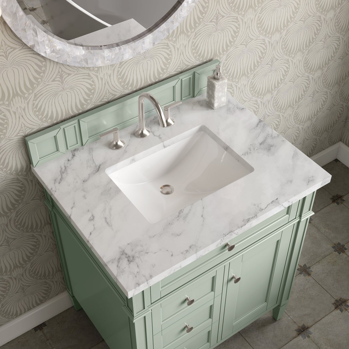 
                  
                    Brittany 30" Single Vanity Cabinet in Sage Green Single Bathroom Vanity James Martin Vanities Carrara White Marble 
                  
                