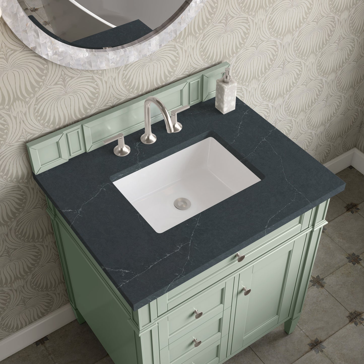 
                  
                    Brittany 30" Single Vanity Cabinet in Sage Green Single Bathroom Vanity James Martin Vanities Charcoal Soapstone Silestone 
                  
                