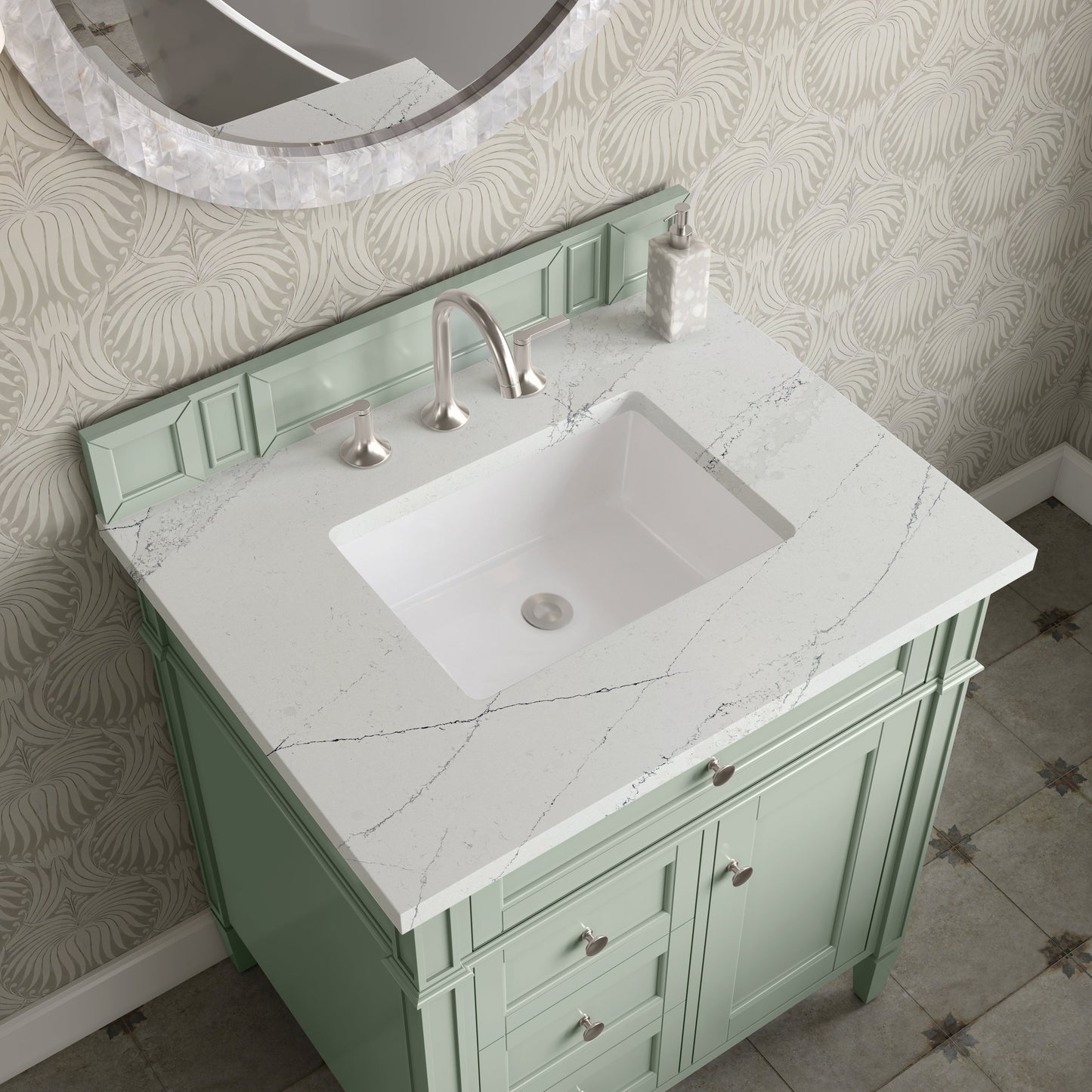 
                  
                    Brittany 30" Single Vanity Cabinet in Sage Green Single Bathroom Vanity James Martin Vanities Ethereal Noctis Silestone 
                  
                