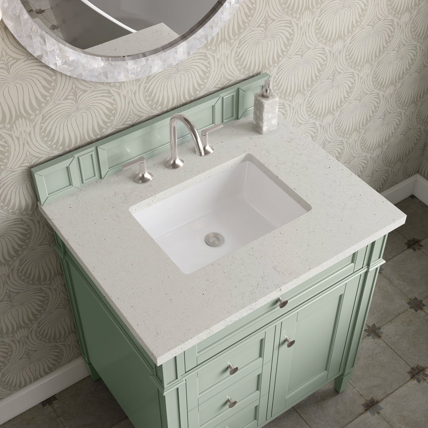 
                  
                    Brittany 30" Single Vanity Cabinet in Sage Green Single Bathroom Vanity James Martin Vanities Lime Delight Silestone 
                  
                