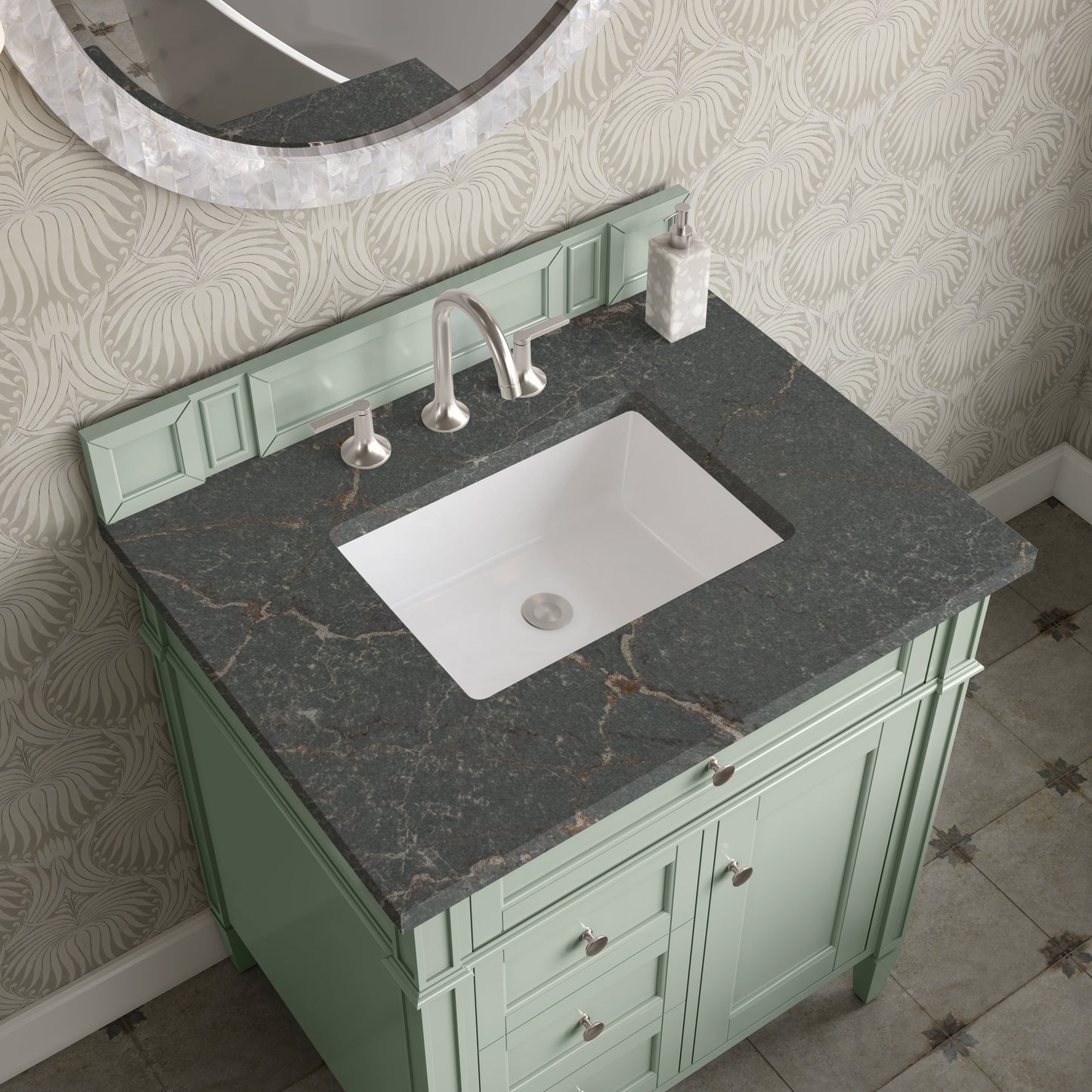 
                  
                    Brittany 30" Single Vanity Cabinet in Sage Green Single Bathroom Vanity James Martin Vanities Parisien Bleu Silestone 
                  
                