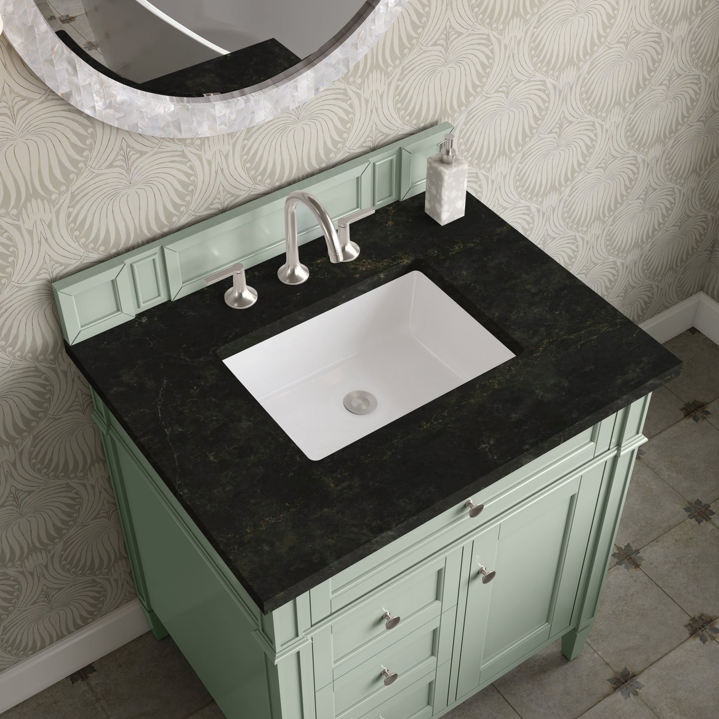 
                  
                    Brittany 30" Single Vanity Cabinet in Sage Green Single Bathroom Vanity James Martin Vanities Phantome Eclos 
                  
                