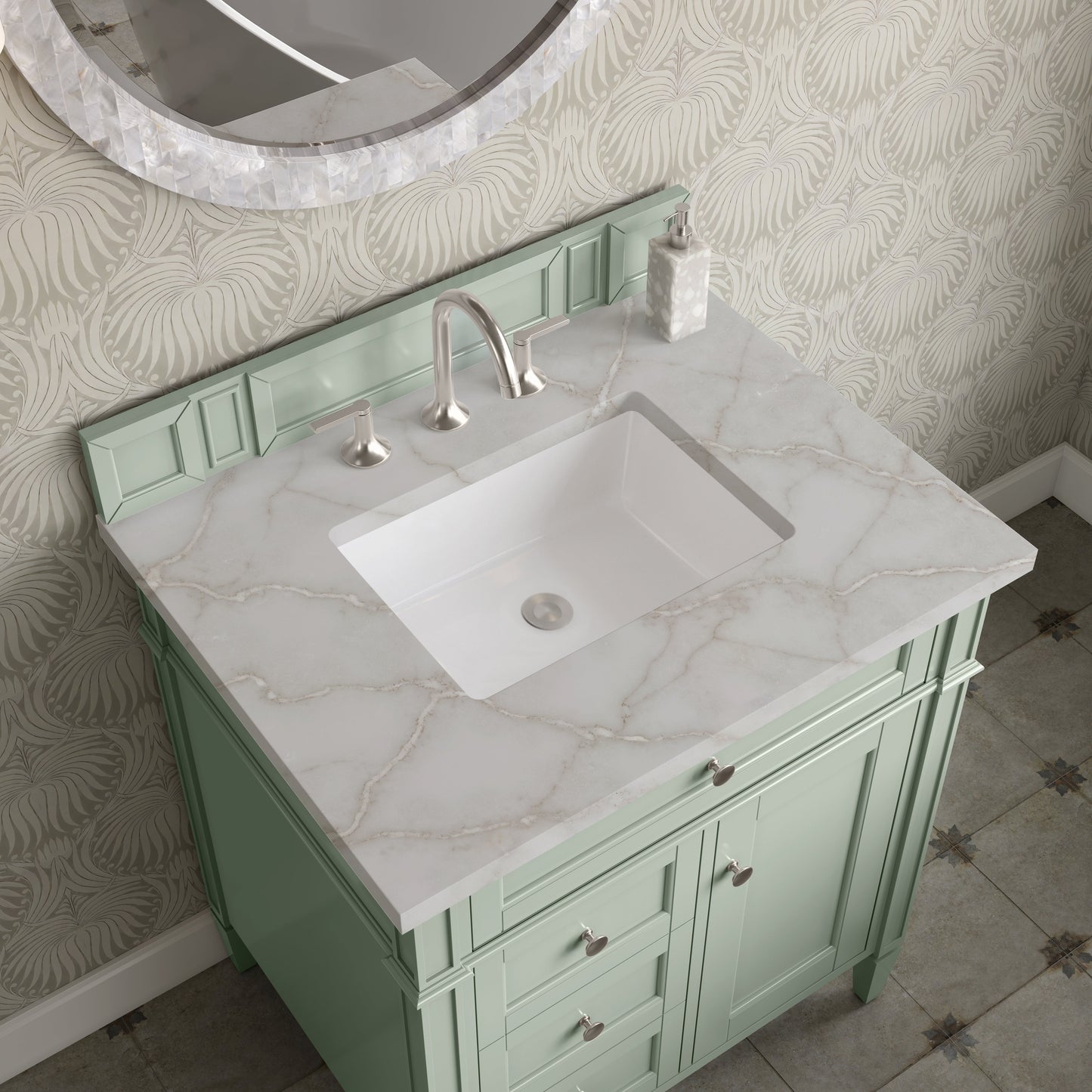 
                  
                    Brittany 30" Single Vanity Cabinet in Sage Green Single Bathroom Vanity James Martin Vanities Victorian Silver Silestone 
                  
                