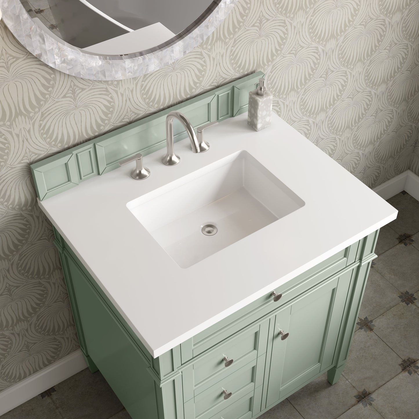 
                  
                    Brittany 30" Single Vanity Cabinet in Sage Green Single Bathroom Vanity James Martin Vanities White Zeus Silestone 
                  
                