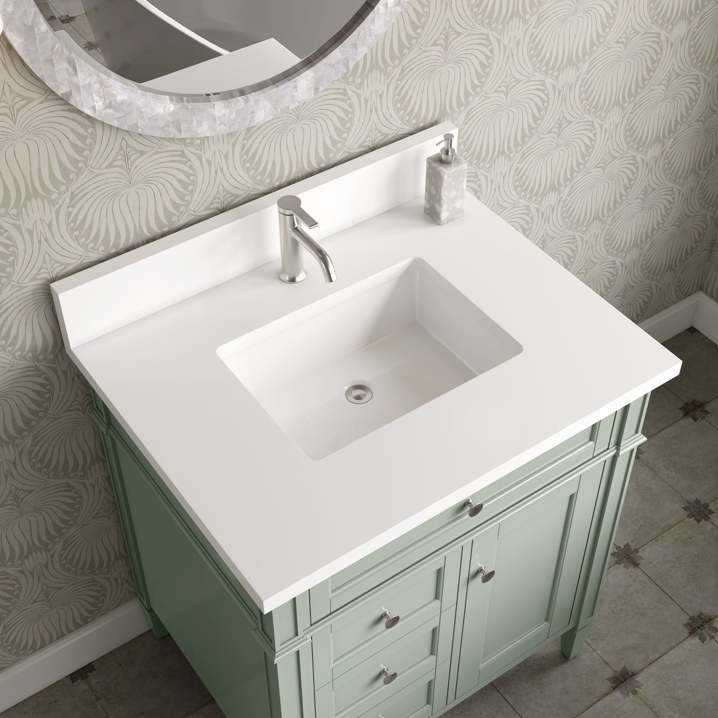 
                  
                    Brittany 30" Single Vanity Cabinet in Sage Green Single Bathroom Vanity James Martin Vanities White Zeus Single Faucet Silestone Top w/Backsplash 
                  
                