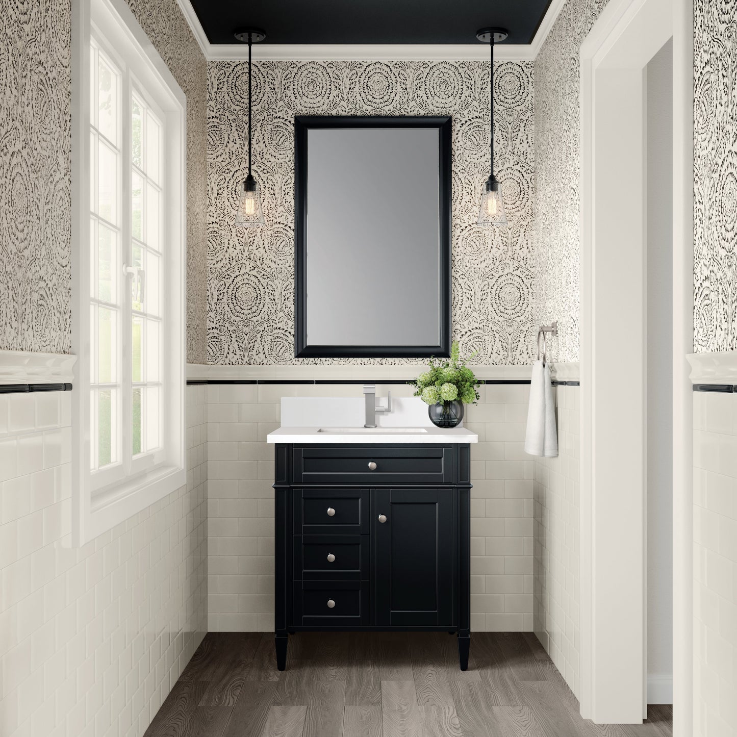 
                  
                    Brittany 30" Single Vanity in Black Onyx Single Bathroom Vanity James Martin Vanities White Zeus Single Faucet Silestone Top w/Backsplash 
                  
                