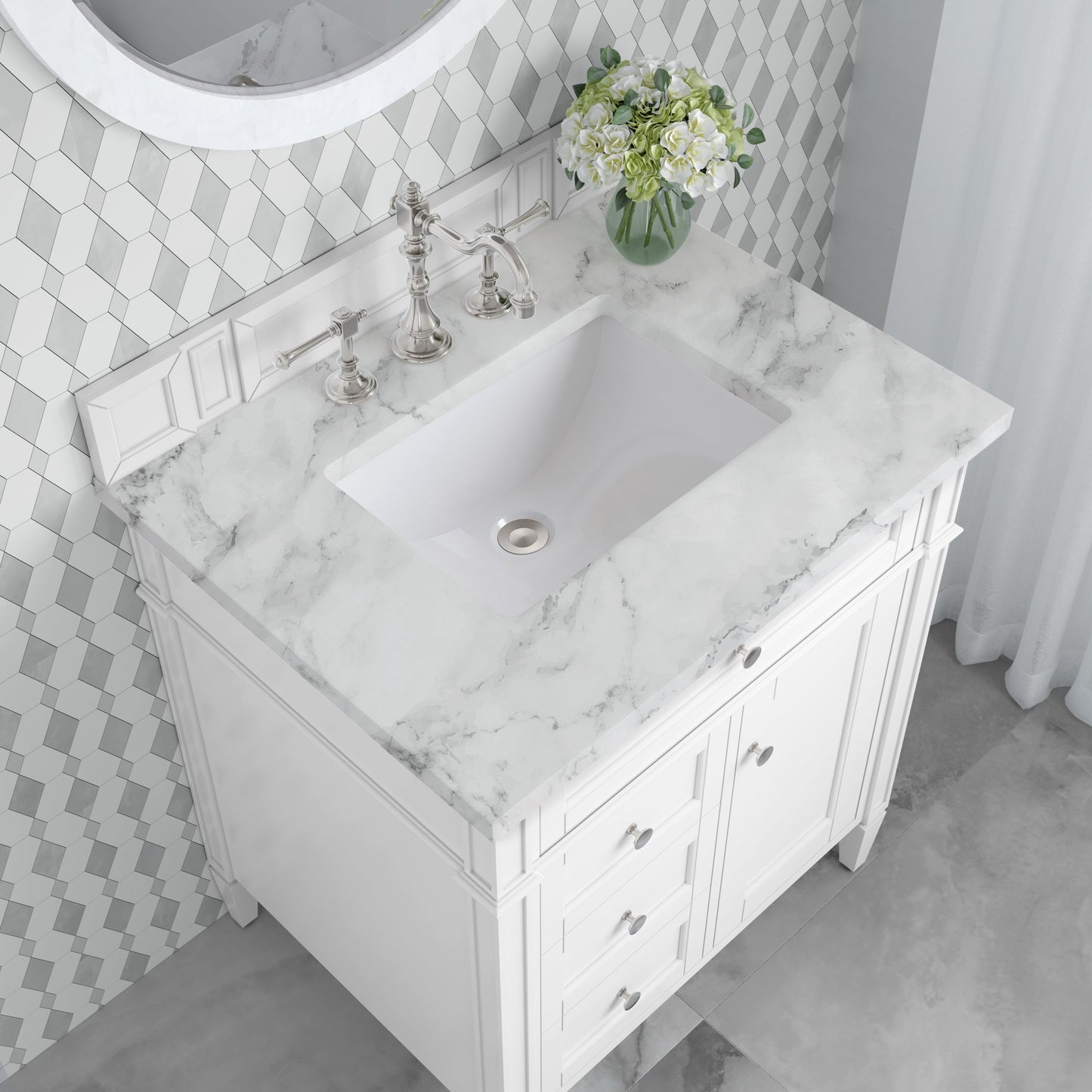 
                  
                    Brittany 30" Single Vanity in Bright White Single Bathroom Vanity James Martin Vanities Carrara White Marble 
                  
                