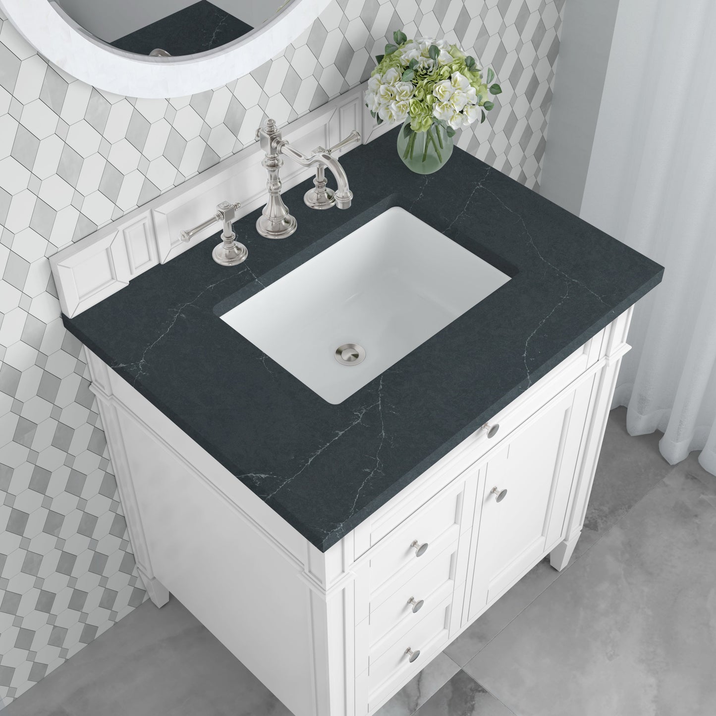 
                  
                    Brittany 30" Single Vanity in Bright White Single Bathroom Vanity James Martin Vanities Charcoal Soapstone Silestone 
                  
                