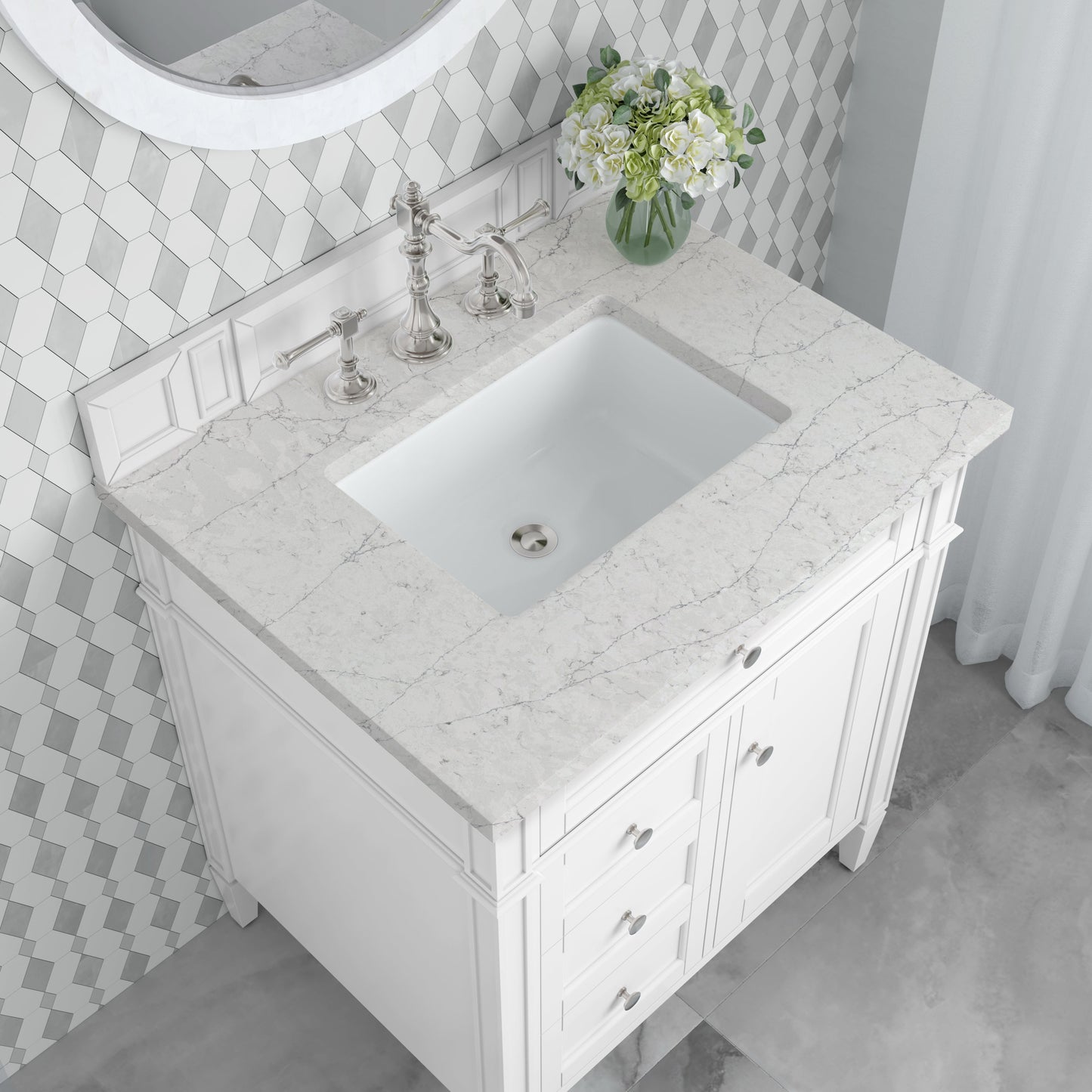 
                  
                    Brittany 30" Single Vanity in Bright White Single Bathroom Vanity James Martin Vanities Eternal Jasmine Pearl Silestone 
                  
                