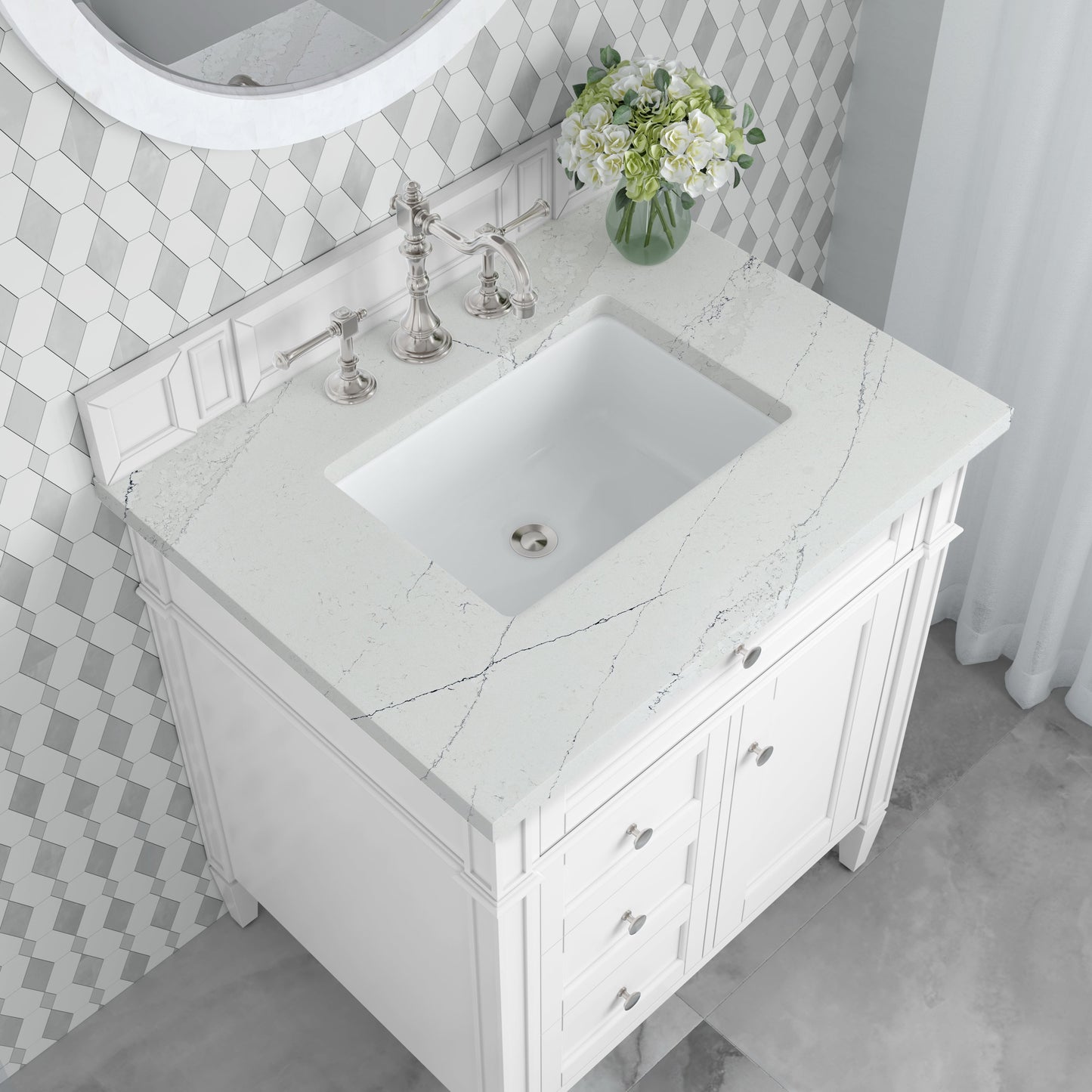 
                  
                    Brittany 30" Single Vanity in Bright White Single Bathroom Vanity James Martin Vanities Ethereal Noctis Silestone 
                  
                