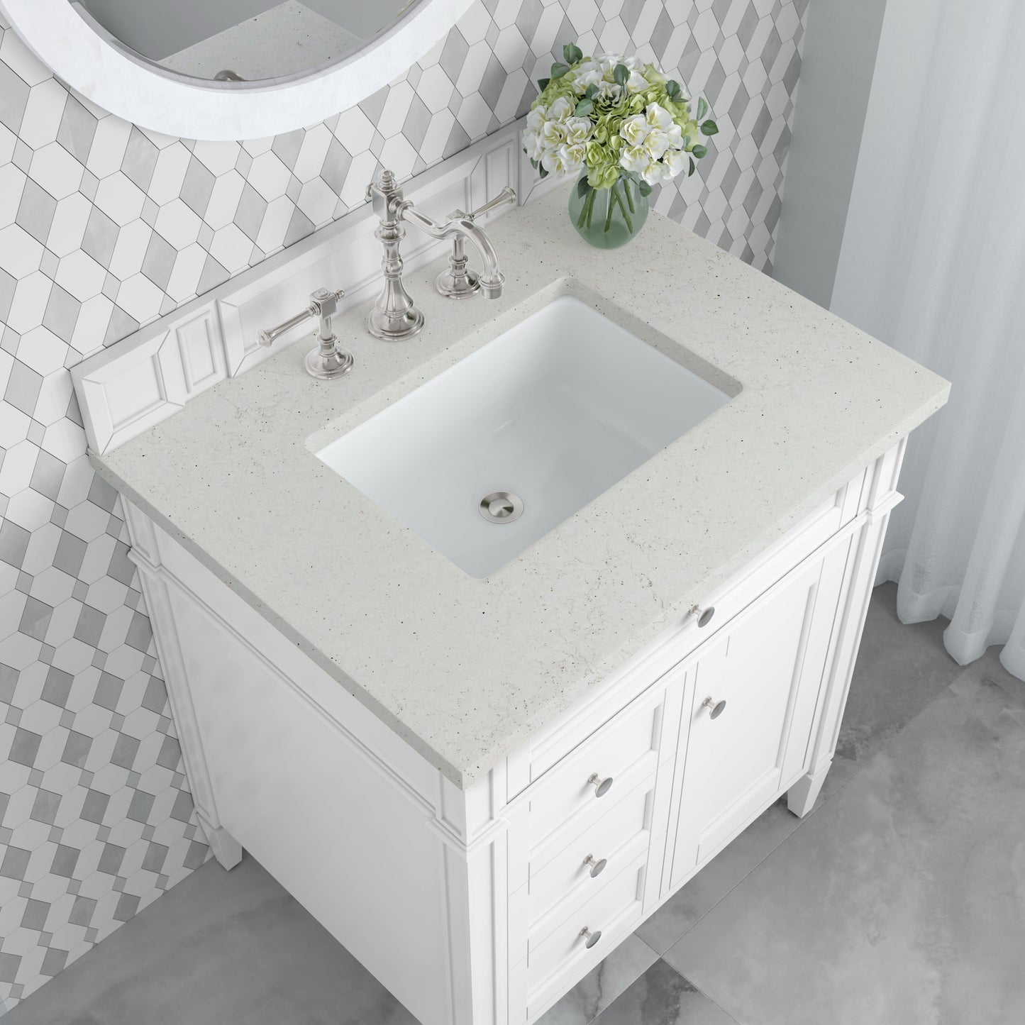 
                  
                    Brittany 30" Single Vanity in Bright White Single Bathroom Vanity James Martin Vanities Lime Delight Silestone 
                  
                