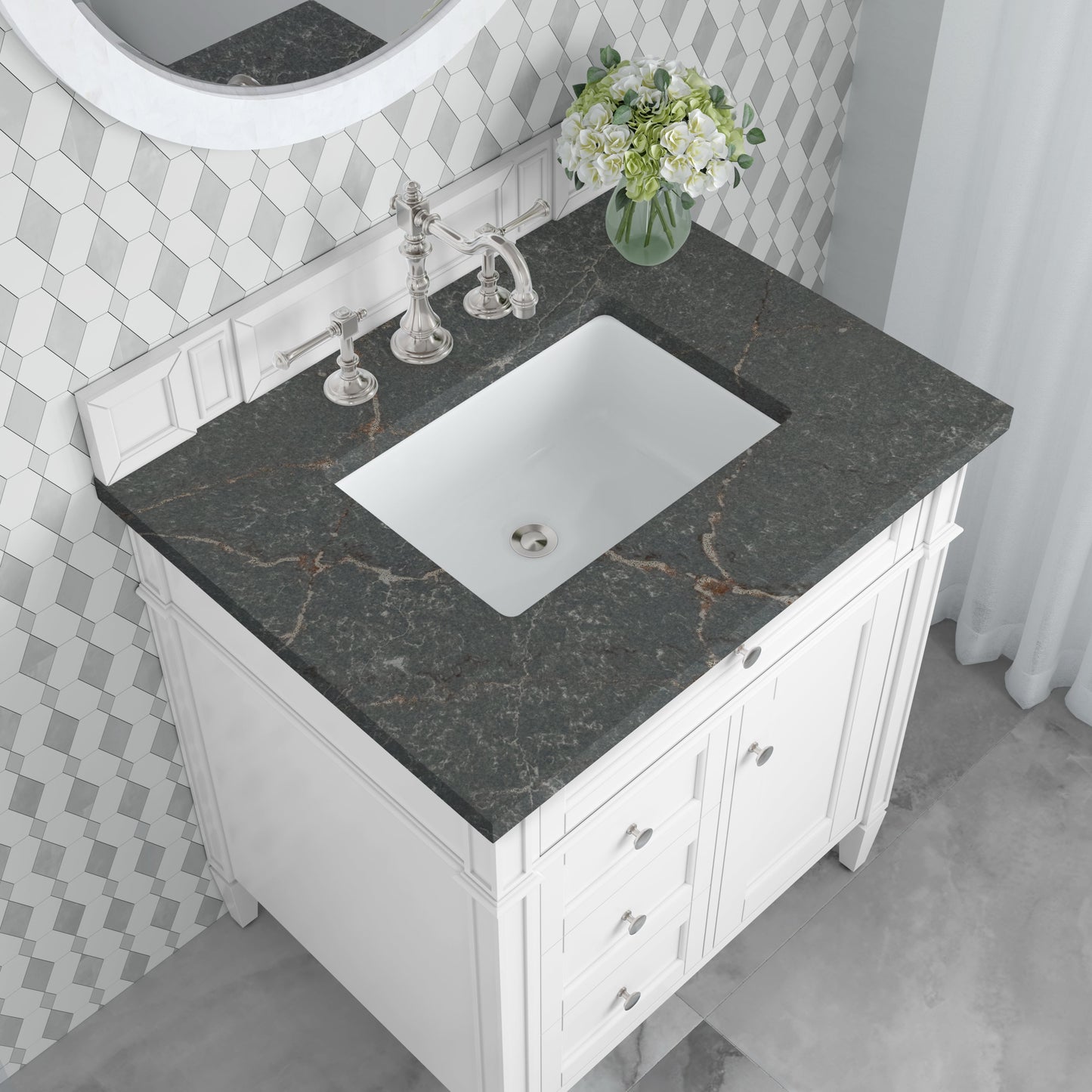 
                  
                    Brittany 30" Single Vanity in Bright White Single Bathroom Vanity James Martin Vanities Parisien Bleu Silestone 
                  
                