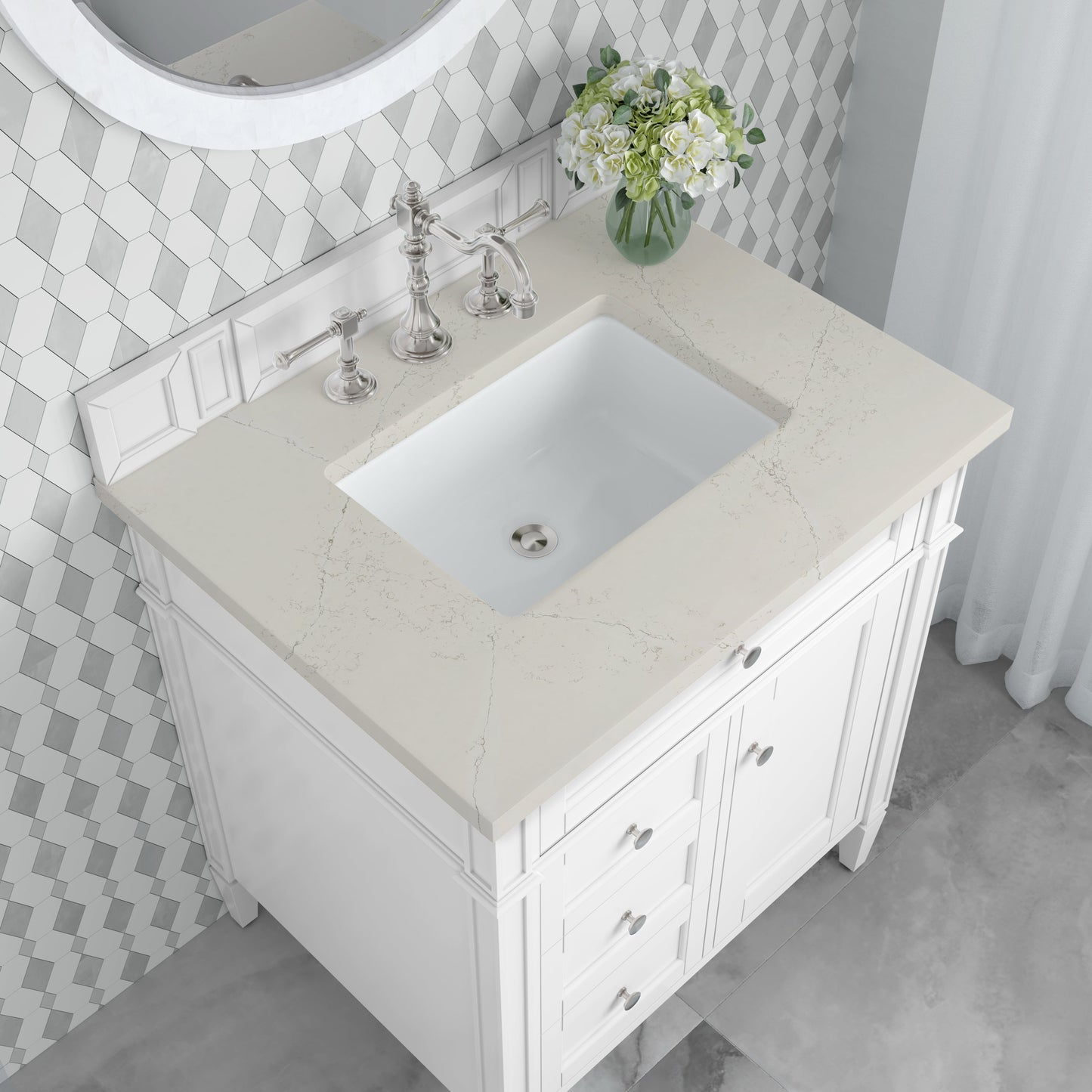 
                  
                    Brittany 30" Single Vanity in Bright White Single Bathroom Vanity James Martin Vanities Siberian Silestone 
                  
                