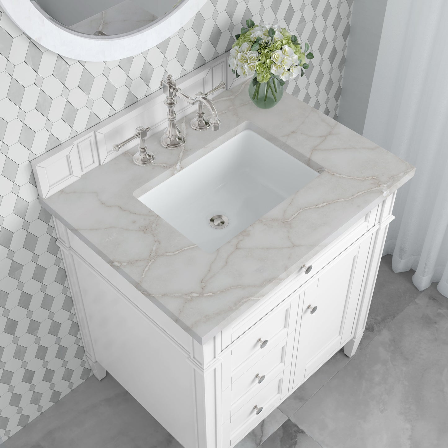 
                  
                    Brittany 30" Single Vanity in Bright White Single Bathroom Vanity James Martin Vanities Victorian Silver Silestone 
                  
                
