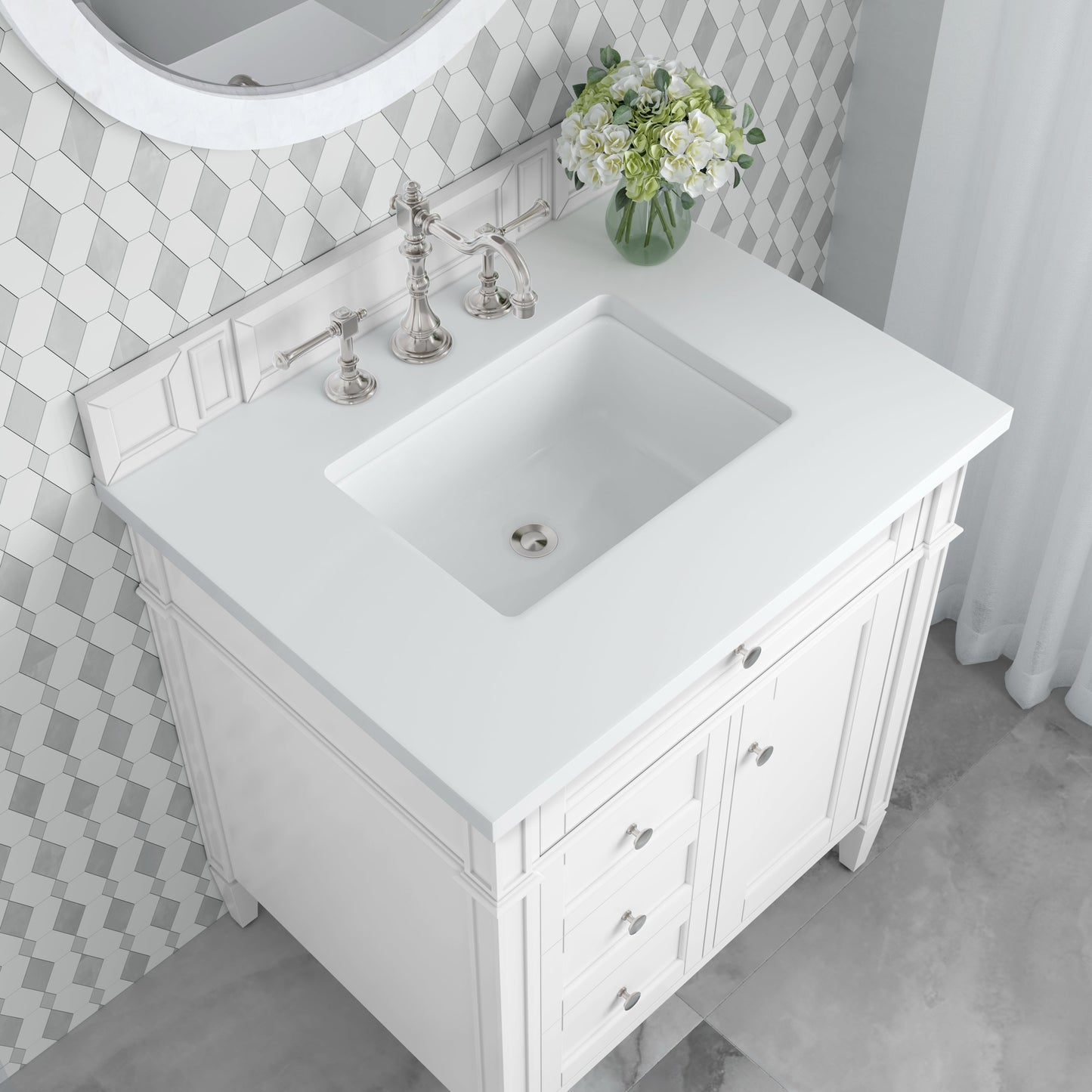 
                  
                    Brittany 30" Single Vanity in Bright White Single Bathroom Vanity James Martin Vanities White Zeus Silestone 
                  
                