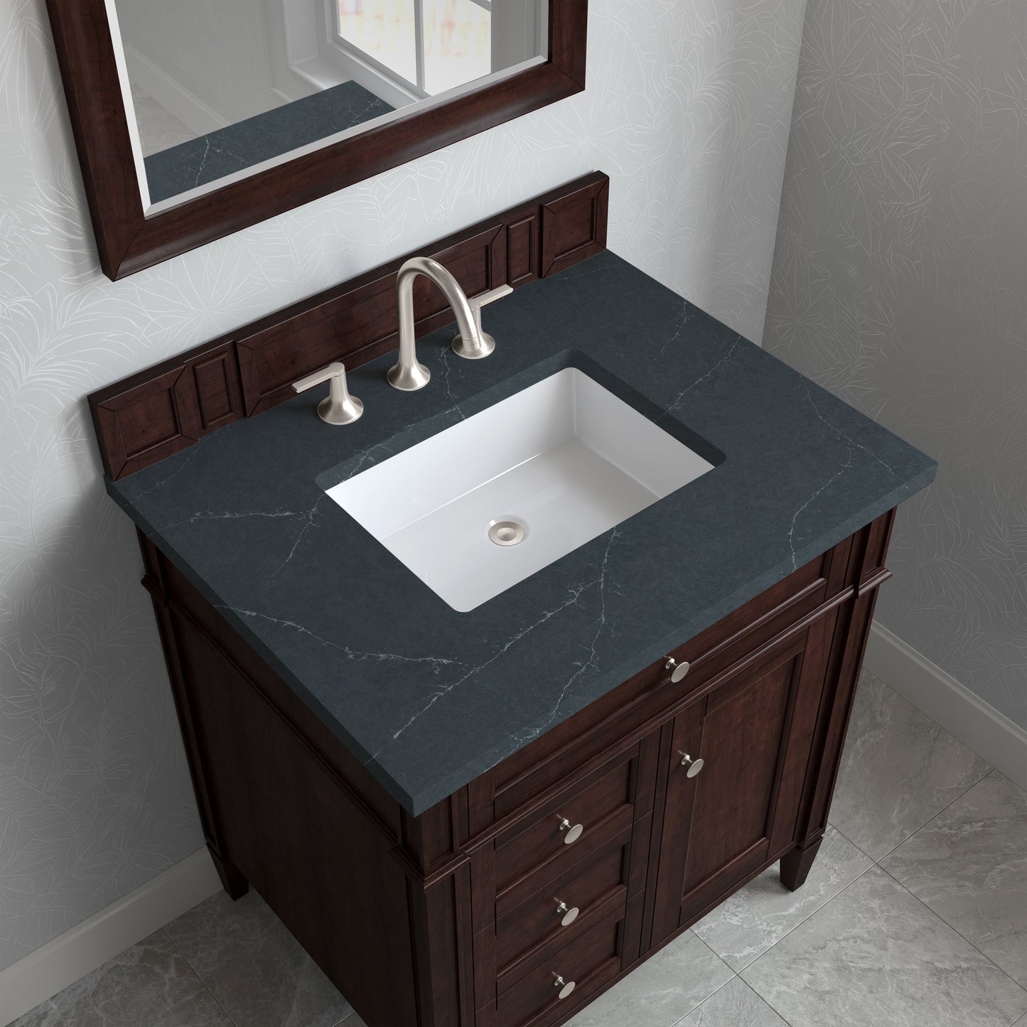 
                  
                    Brittany 30" Single Vanity in Burnished Mahogany Single Bathroom Vanity James Martin Vanities Charcoal Soapstone Silestone 
                  
                