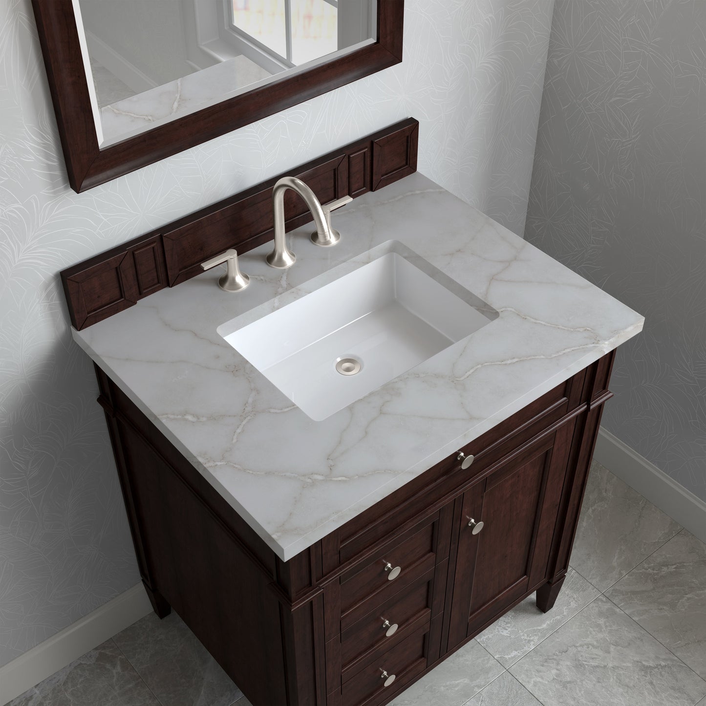 
                  
                    Brittany 30" Single Vanity in Burnished Mahogany Single Bathroom Vanity James Martin Vanities Victorian Silver Silestone 
                  
                