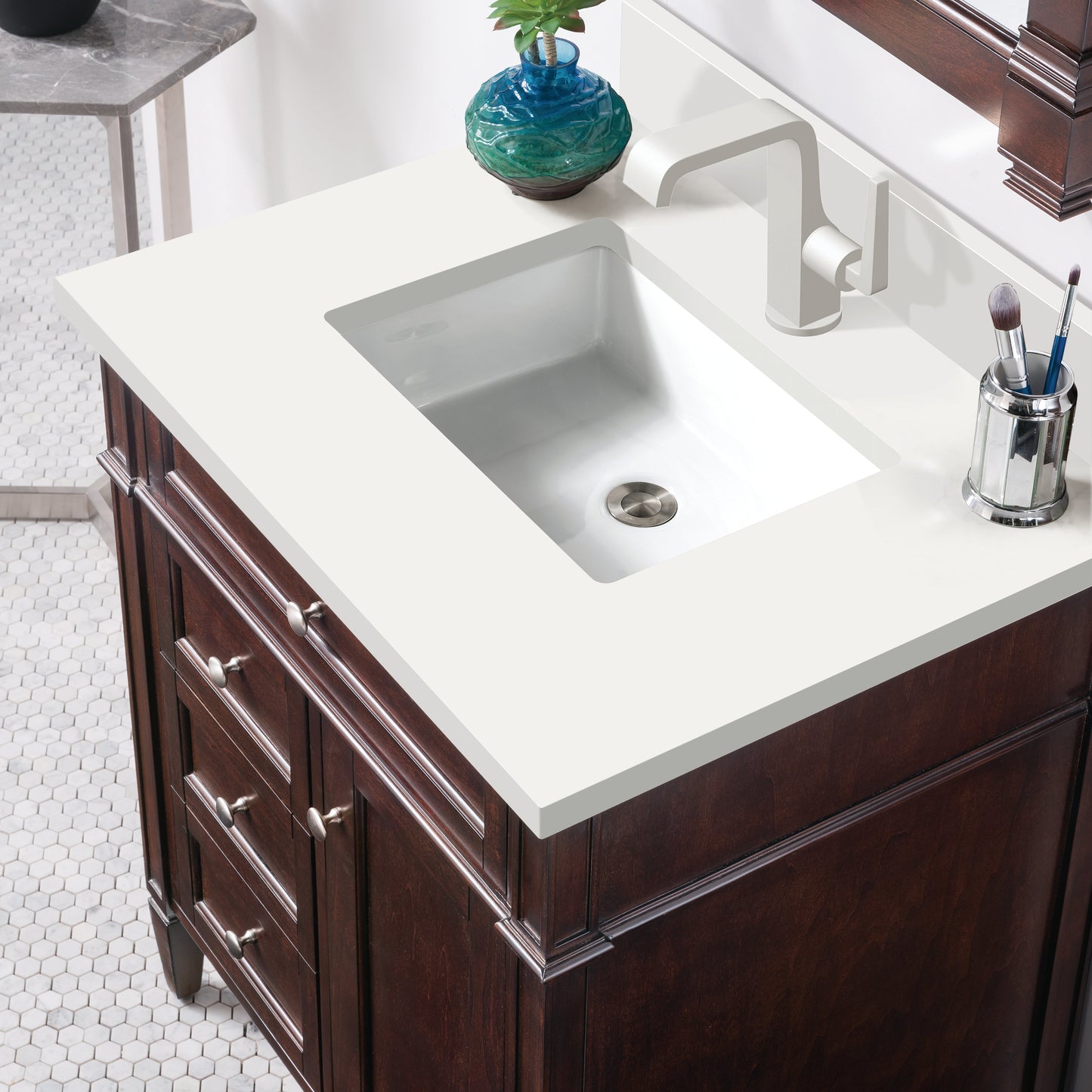 
                  
                    Brittany 30" Single Vanity in Burnished Mahogany Single Bathroom Vanity James Martin Vanities White Zeus Single Faucet Silestone Top w/Backsplash 
                  
                