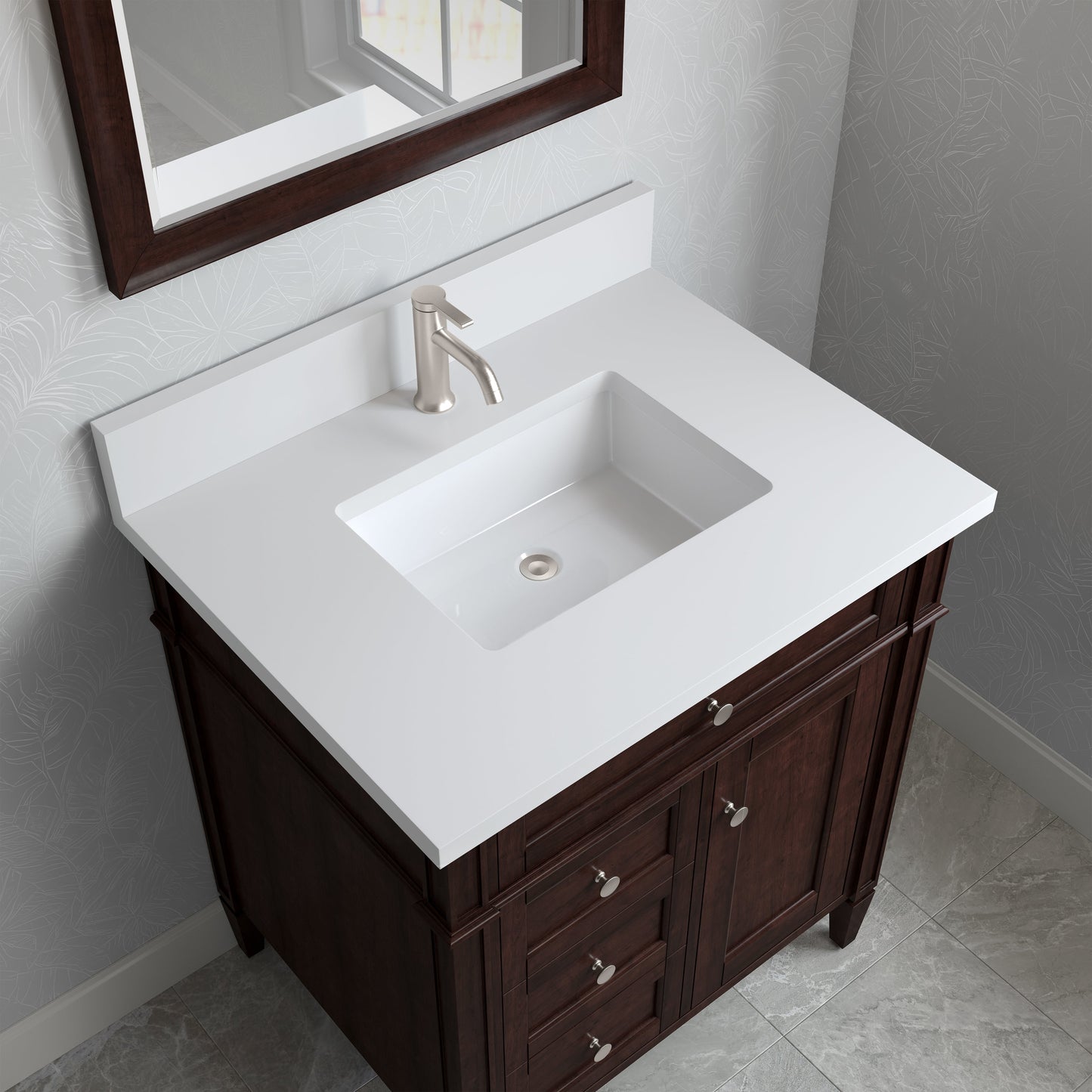 
                  
                    Brittany 30" Single Vanity in Burnished Mahogany Single Bathroom Vanity James Martin Vanities White Zeus Single Faucet Silestone Top w/Backsplash 
                  
                
