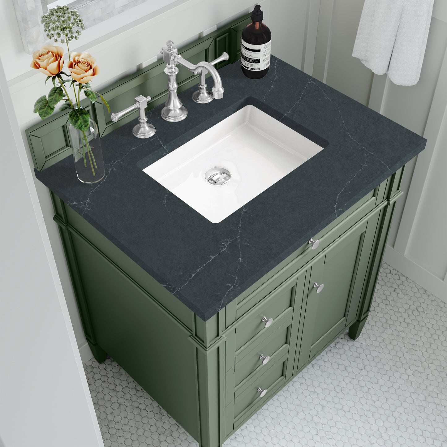 
                  
                    Brittany 30" Single Vanity in Smokey Celadon Single Bathroom Vanity James Martin Vanities Charcoal Soapstone Silestone 
                  
                